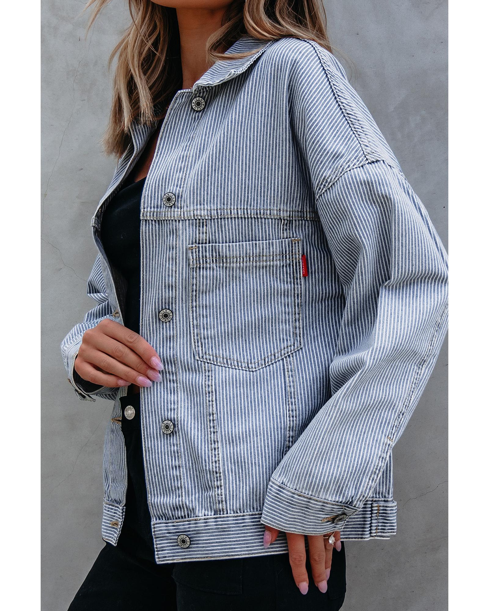 V539-AZEXDC788608-P419-XL-202508302255-00 Sky Blue Stripe Washed Oversize Pocketed Denim Jacket - XL - Image 1