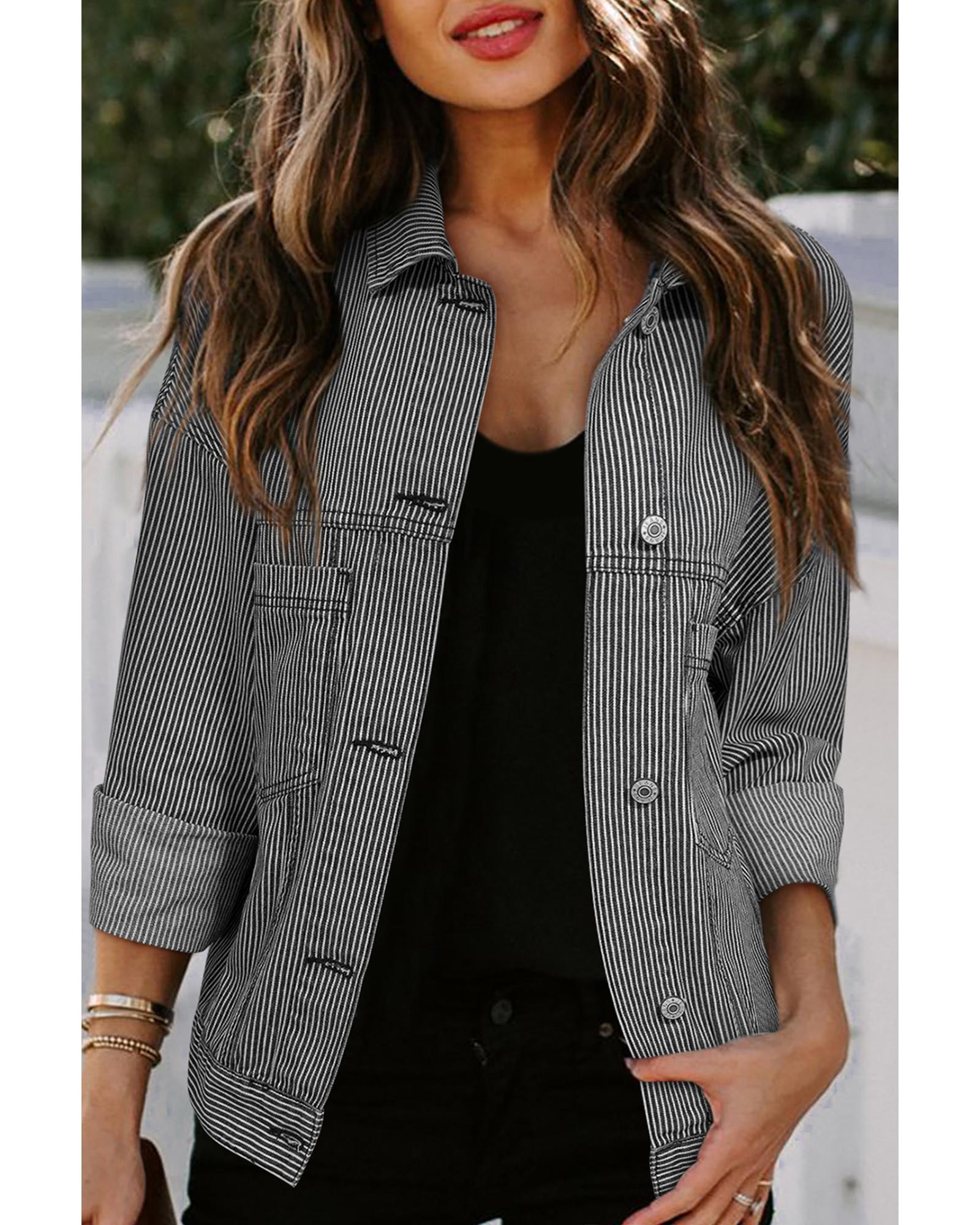 V539-AZEXDC788608-P519-M-202508301405-00 Blue Stripe Washed Oversize Pocketed Denim Jacket - M - Image 1