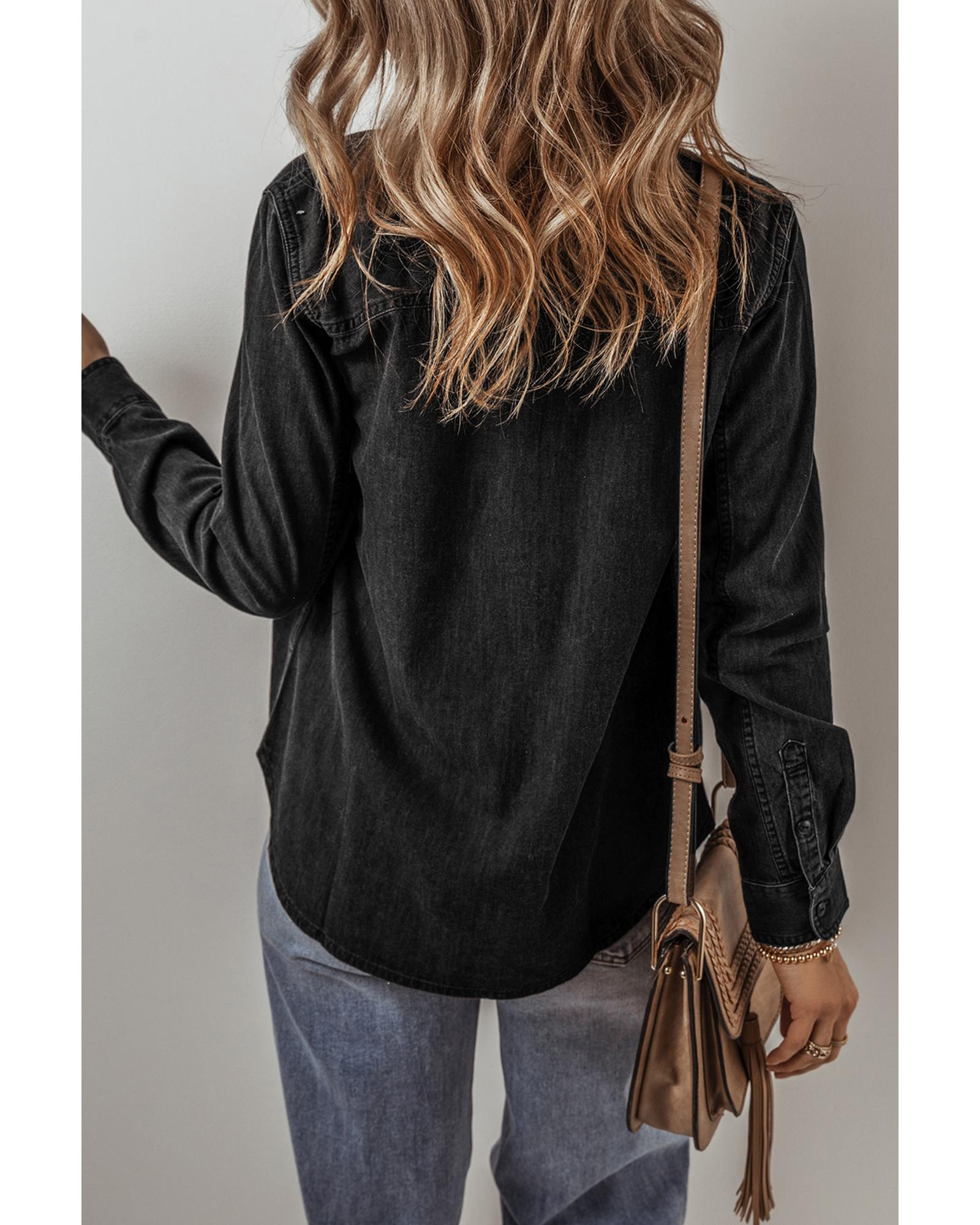 V539-AZEXDC788613-P2-L-202508302115-00 Black Flap Pocket Buttons Collared Jean Jacket - L - Image 1