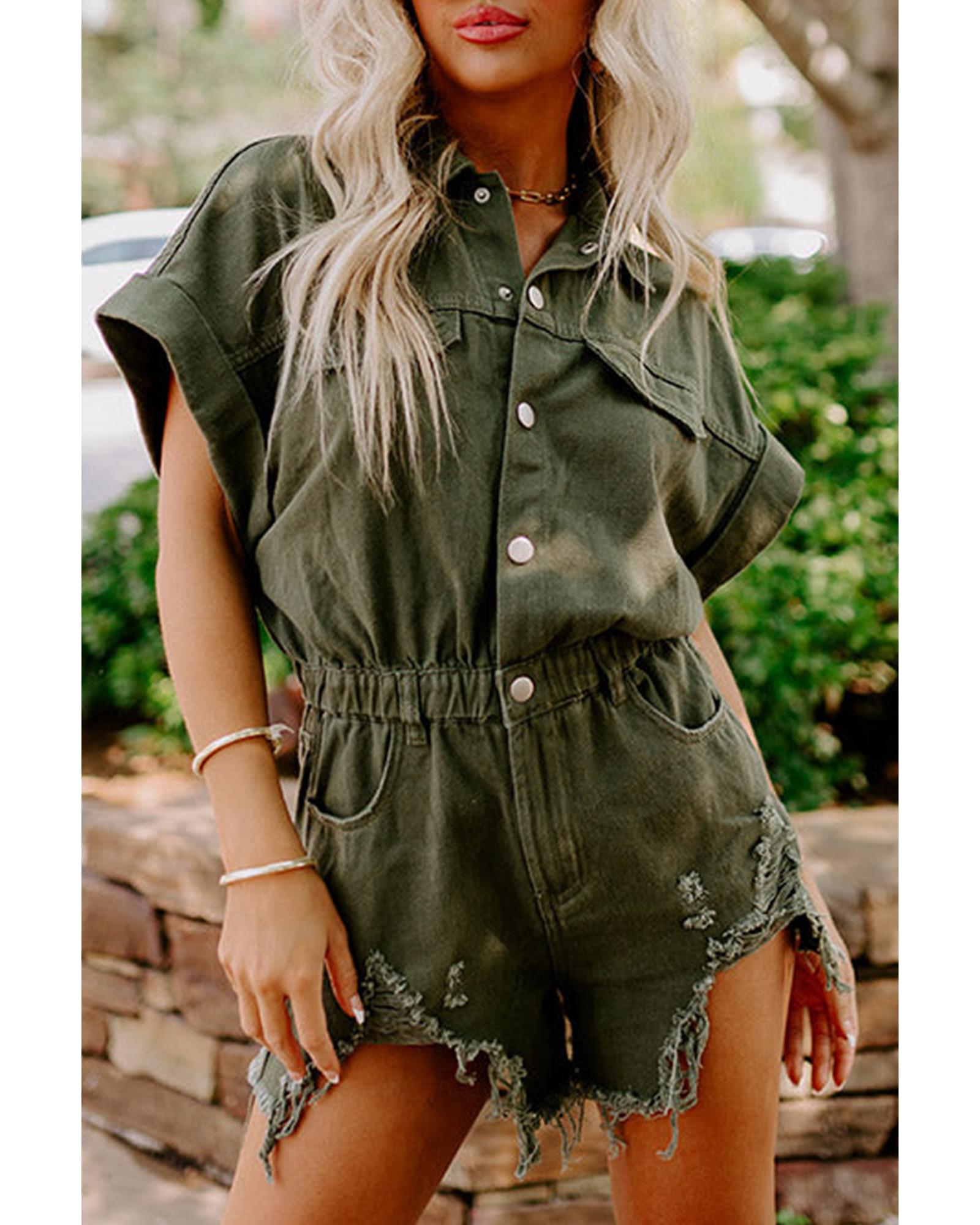 V539-AZEXDC789120-P1609-XL-202508300740-00 Moss Green Distressed Frayed Denim Romper - XL - Image 1