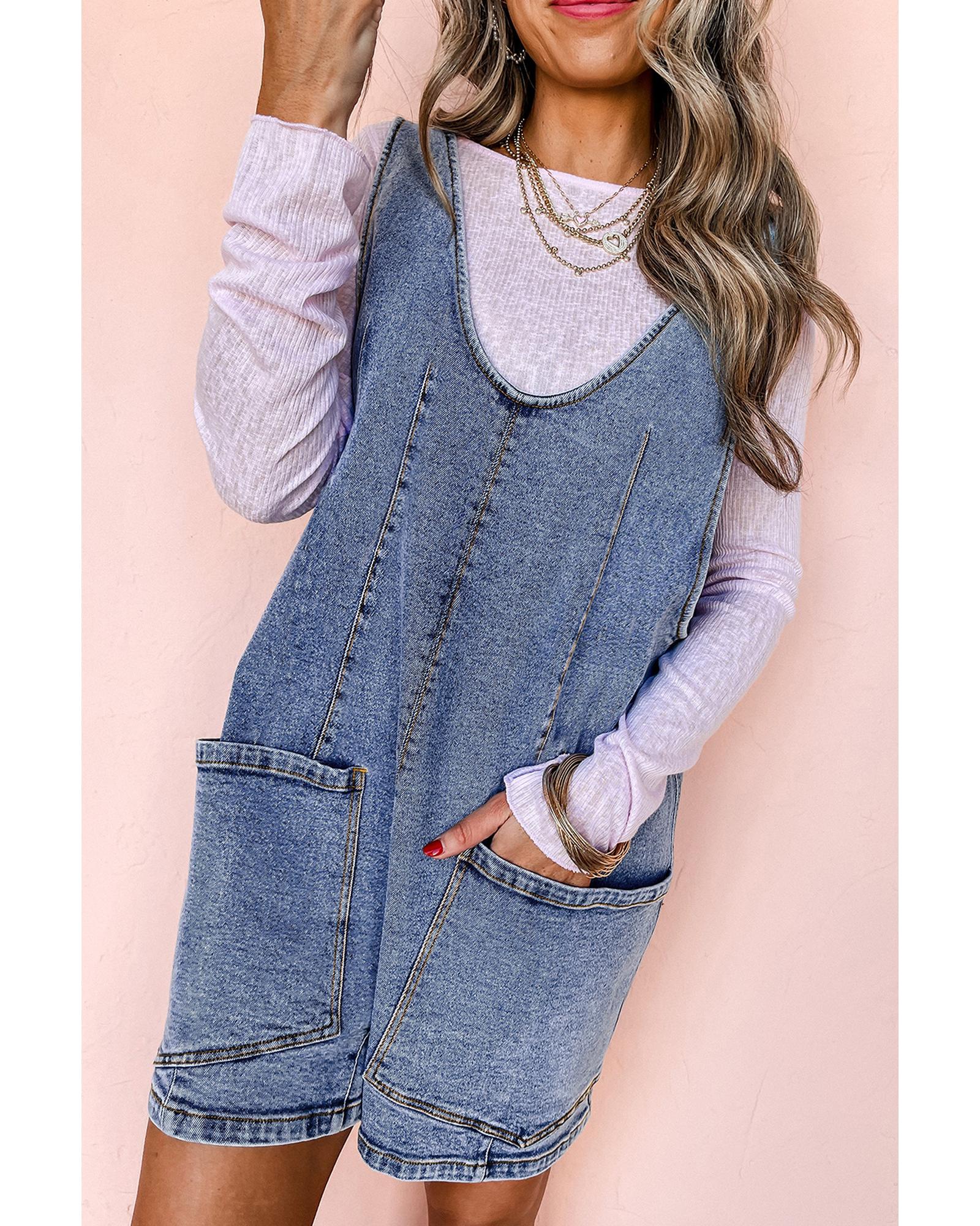 V539-AZEXDC789241-P704-XL-202508300810-00 Dusk Blue Sleeveless U Neck Patched Pocket Denim Romper - XL - Image 1
