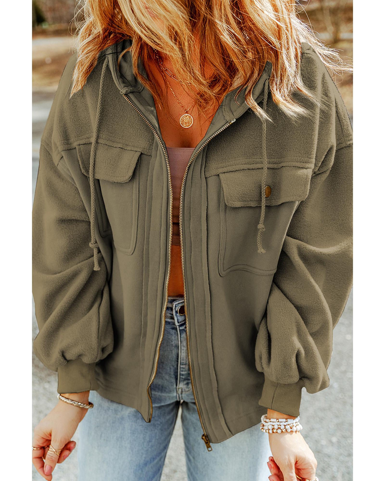 V539-AZEXDC8512736-P609-L-202508281035-00 Green Flap Pocket Drawstring Hood Zip Up Jacket - L - Image 1