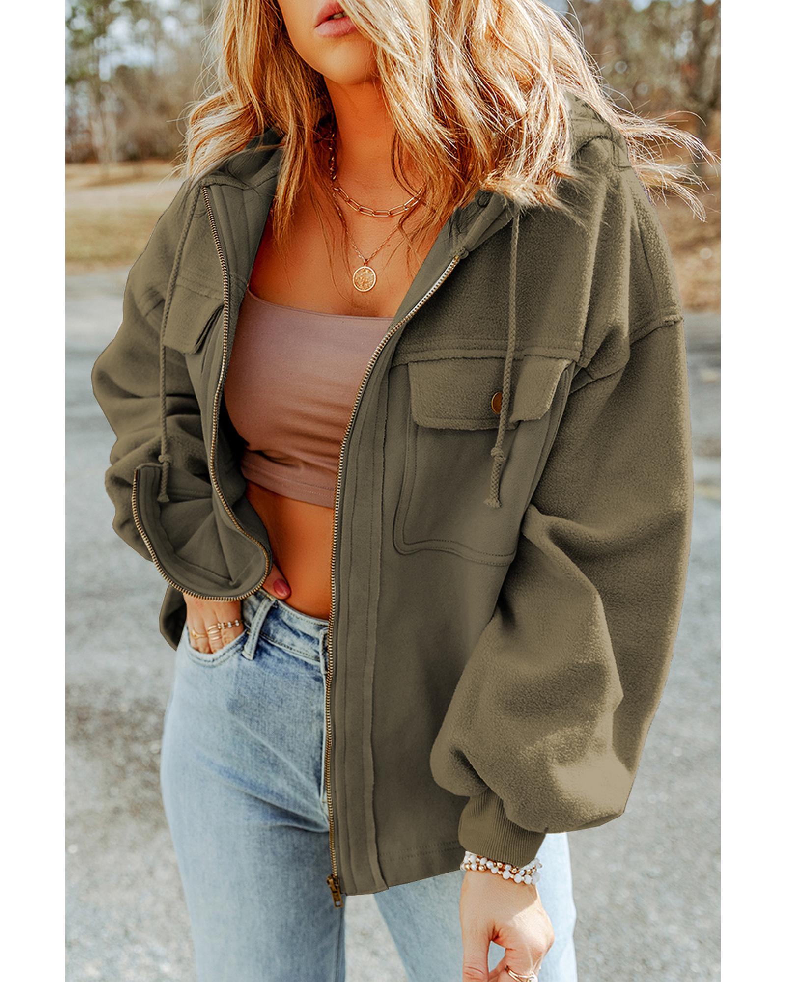 V539-AZEXDC8512736-P609-XL-202508281940-00 Green Flap Pocket Drawstring Hood Zip Up Jacket - XL - Image 1
