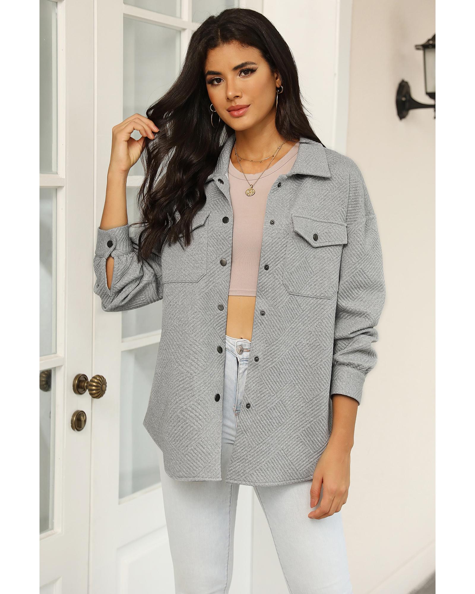 V539-AZEXDC8512943-11-M-202508301425-00 Gray Solid Textured Flap Pocket Buttoned Shacket - M - Image 1