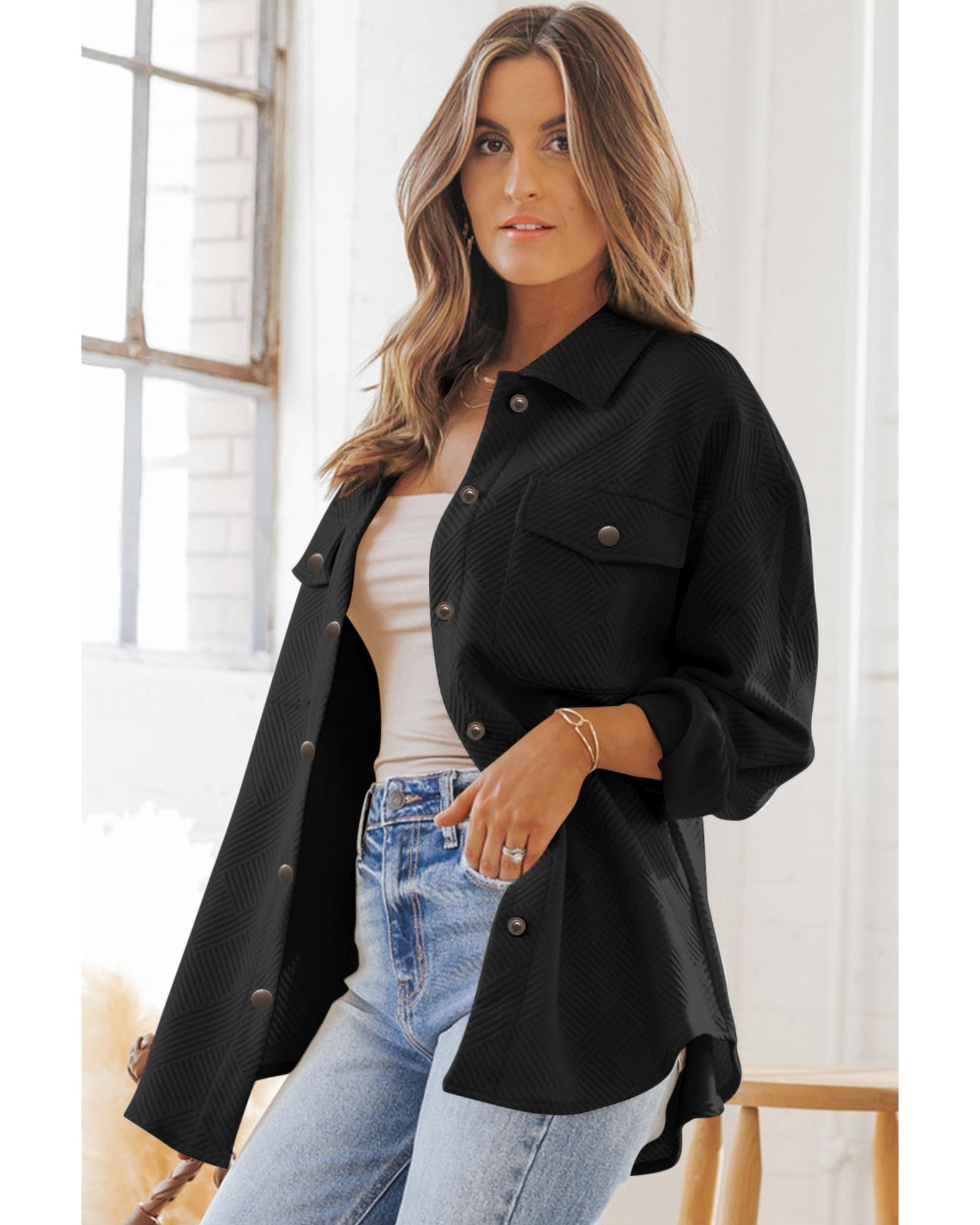 V539-AZEXDC8512943-2-S-202506151641-00 Black Solid Textured Flap Pocket Buttoned Shacket - S - Image 1