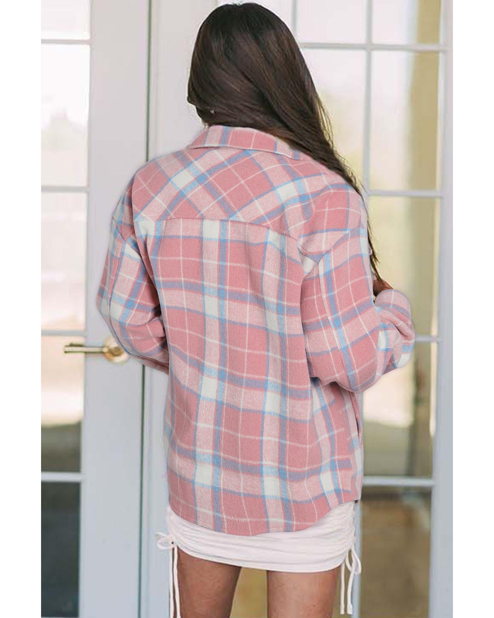 V539-AZEXDC8512998-10-S-202506151645-00 Pink Plaid Flap Pocket Flannel Shacket - S - Image 1
