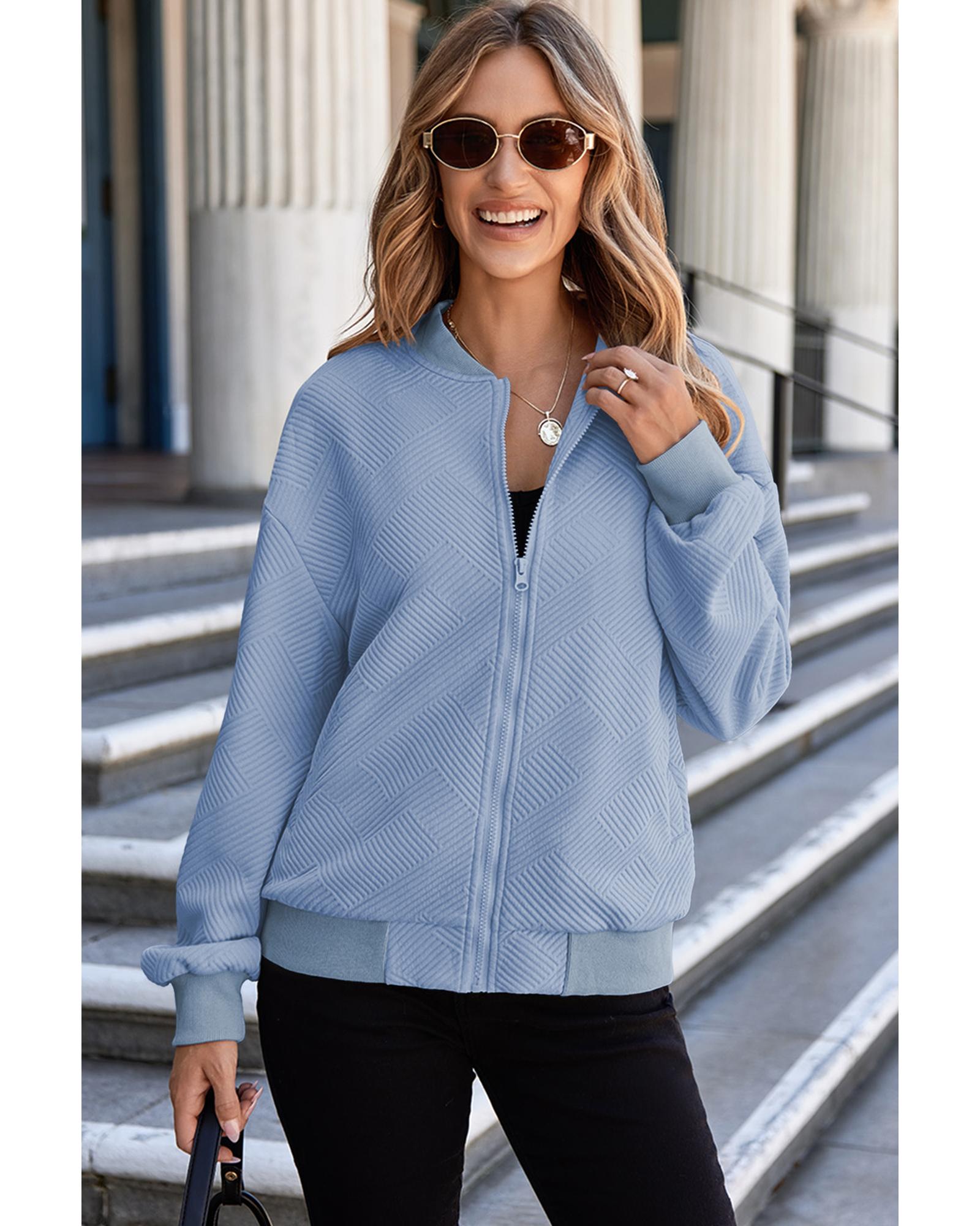 V539-AZEXDC8513291-P1204-2XL-202508302005-00 Myosotis Solid Textured Stand Neck Zipper Bomber Jacket - 2XL - Image 1