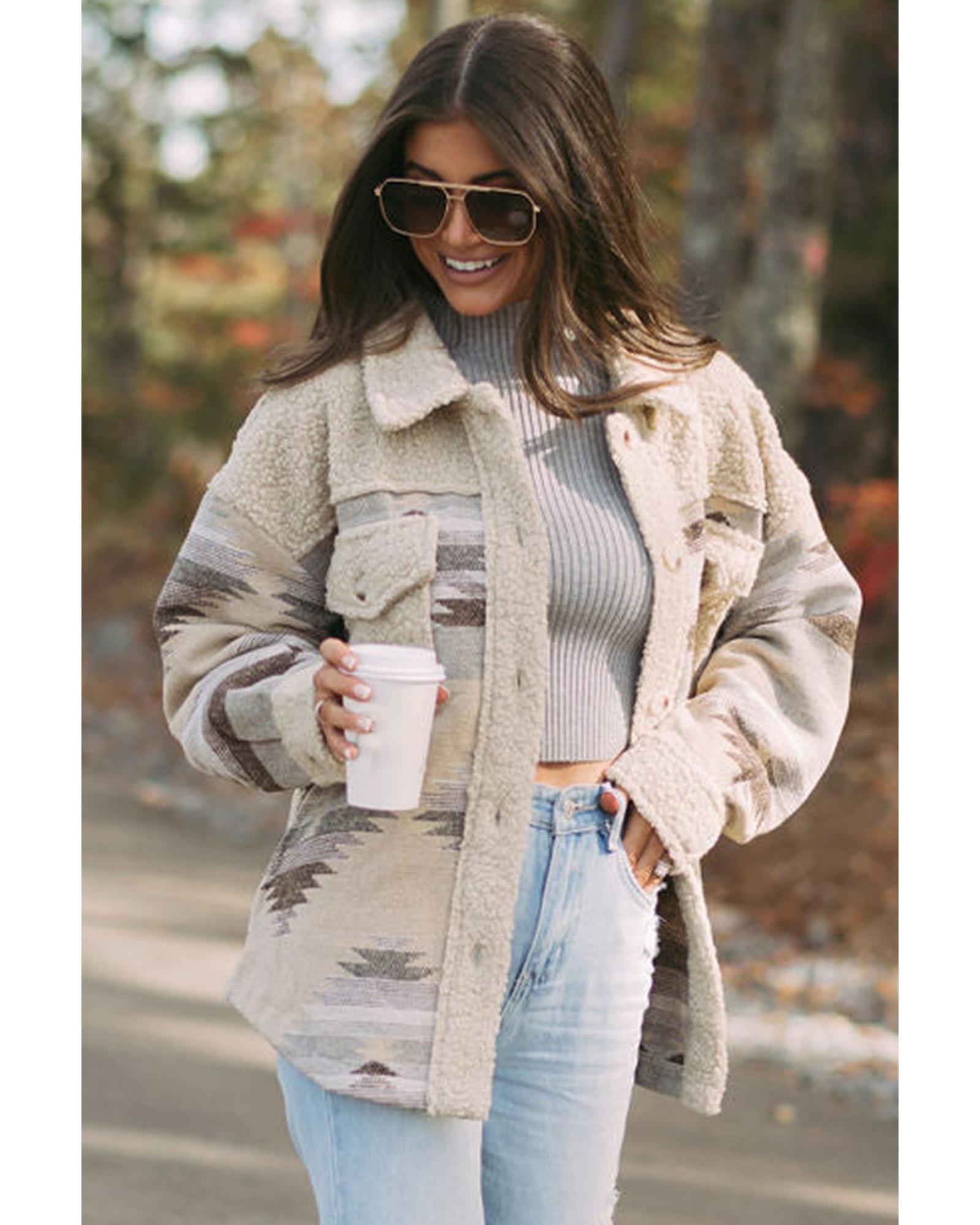 V539-AZEXDC8513302-P1620-S-202506151412-00 Khaki Western Aztec Print Sherpa Splicing Buttoned Flap Pocket Coat - S - Image 1