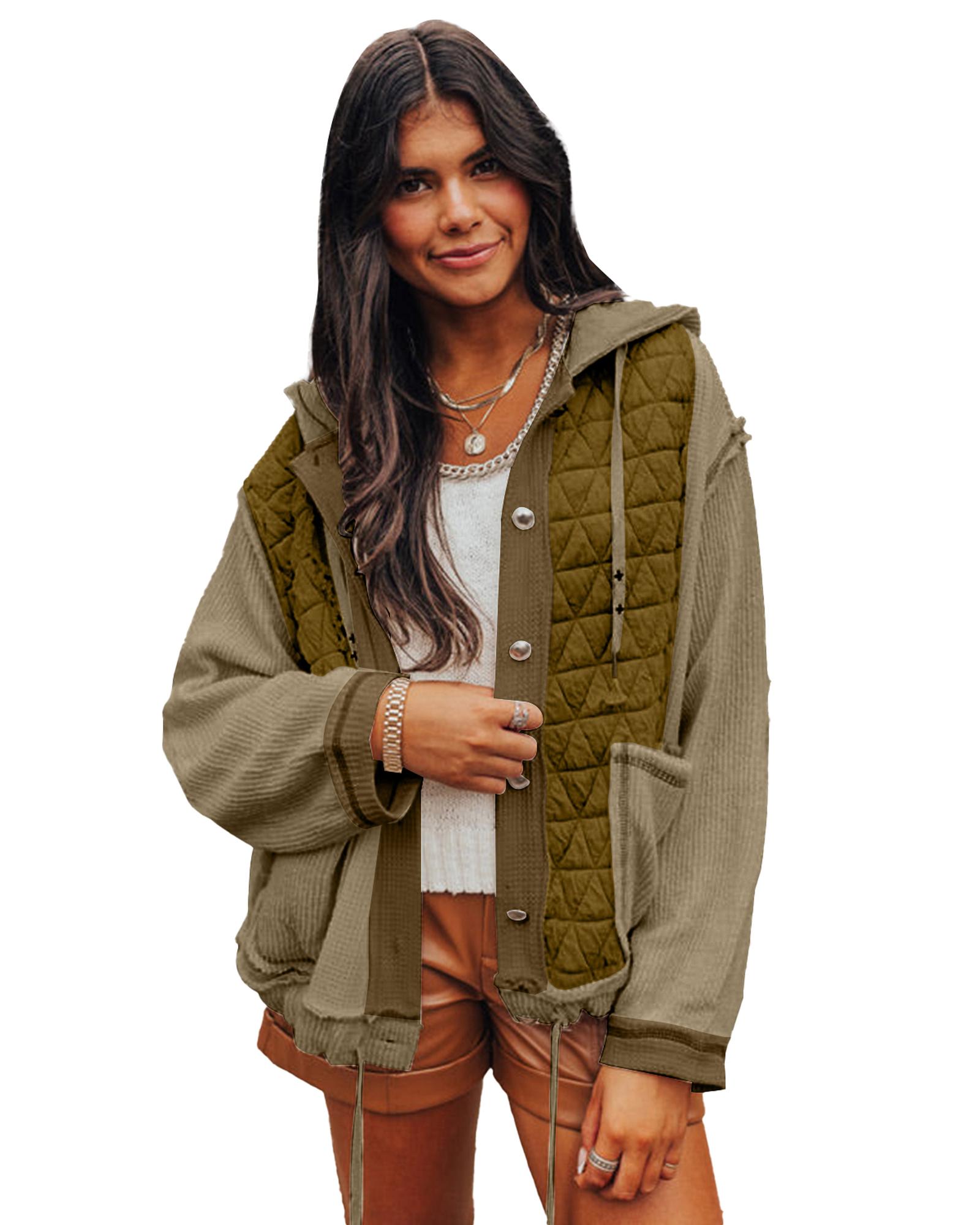 V539-AZEXDC8513305-P609-M-202508301650-00 Jungle Green Quilted Textured Patchwork Loose Fit Hooded Jacket - M - Image 1
