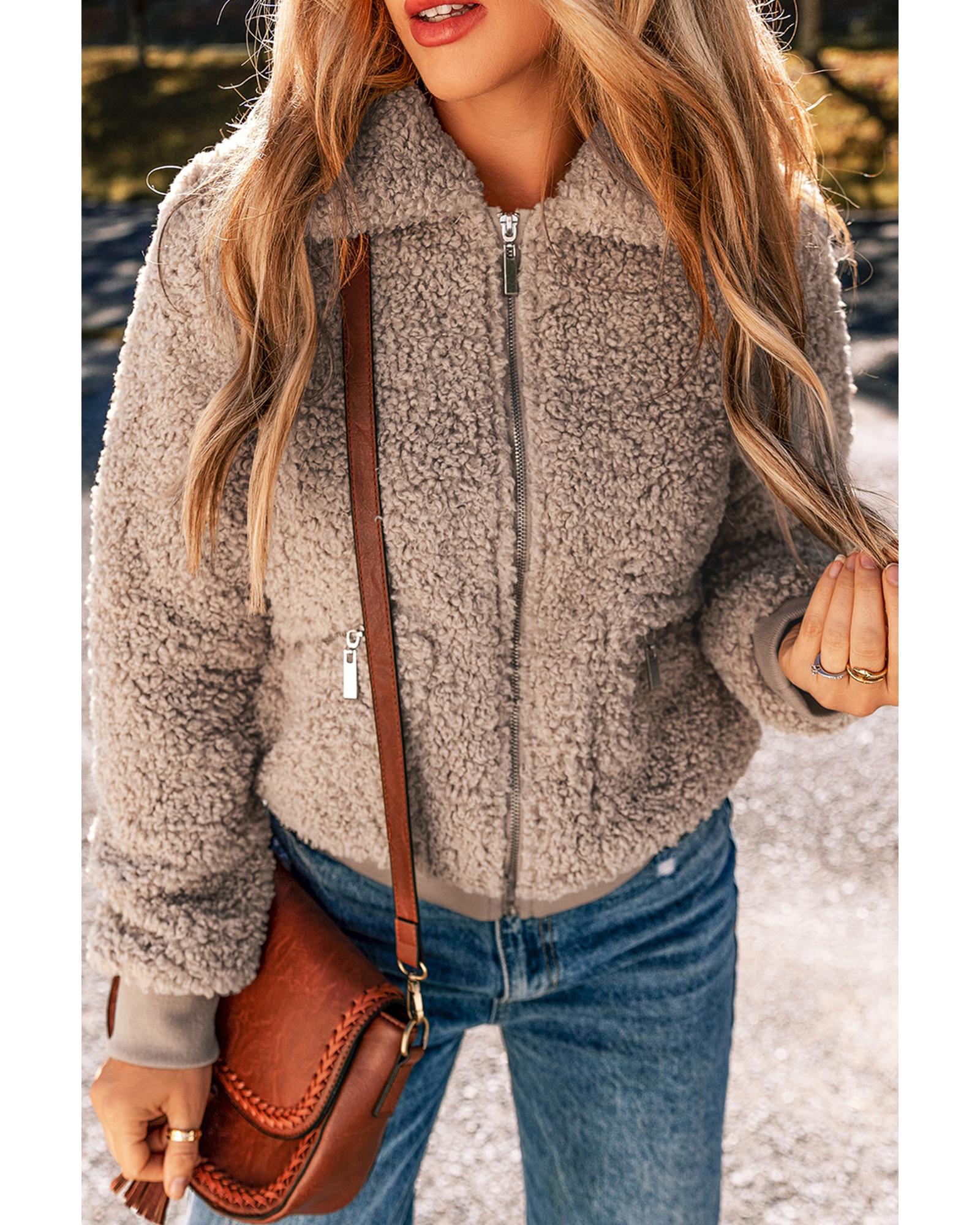 V539-AZEXDC8513318-P4016-S-202506151430-00 Light French Beige Zipper Pocketed Winter Fuzzy Jacket - S - Image 1