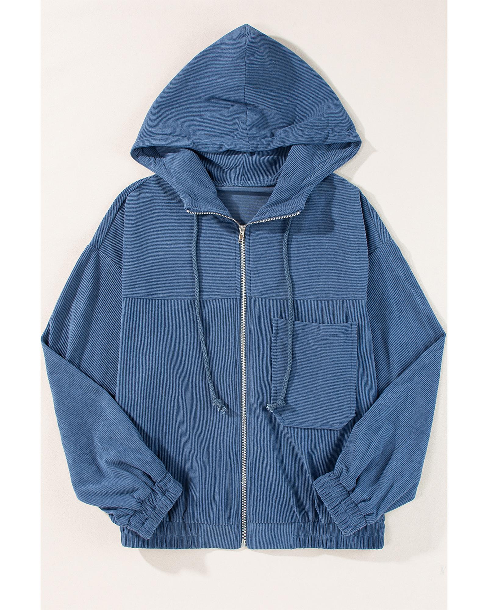 V539-AZEXDC8513332-P705-XL-202508291925-00 Real Teal Corduroy Drawstring Hooded Pocket Zip Up Jacket - XL - Image 1