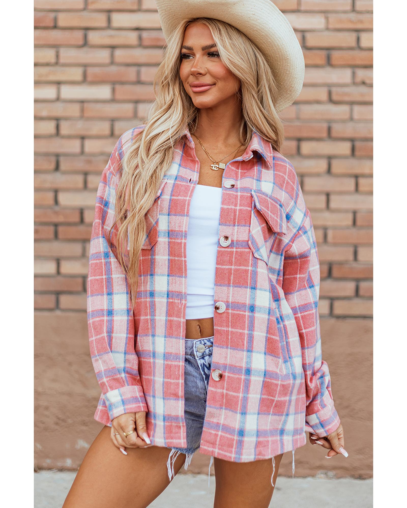 V539-AZEXDC8513333-P1022-M-202508300055-00 Pink Plaid Flap Pocket Button Up Shacket - M - Image 1