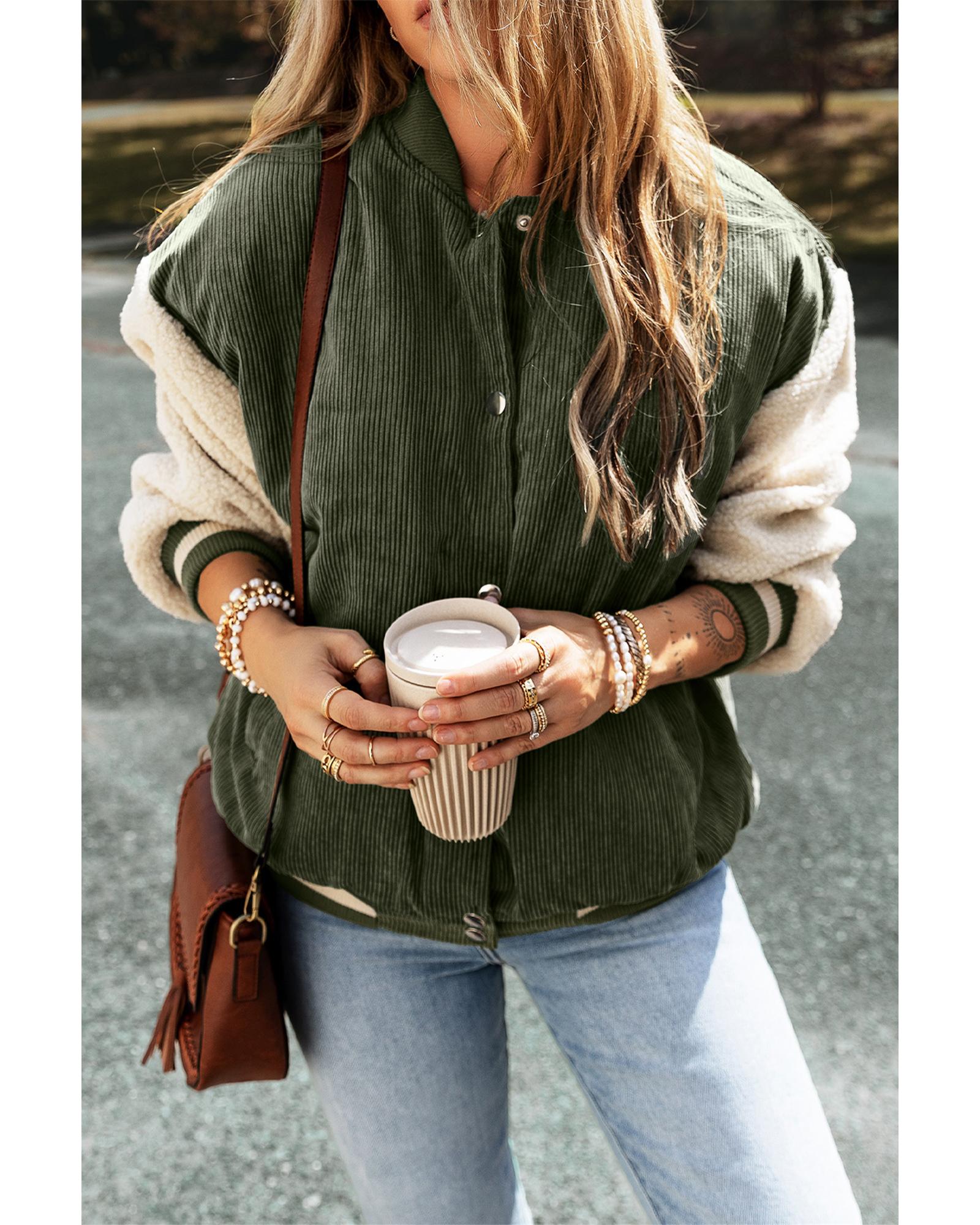V539-AZEXDC8513339-P509-L-202508291250-00 Mist Green Corduroy Fleece Patchwork Buttoned Bomber Jacket - L - Image 1