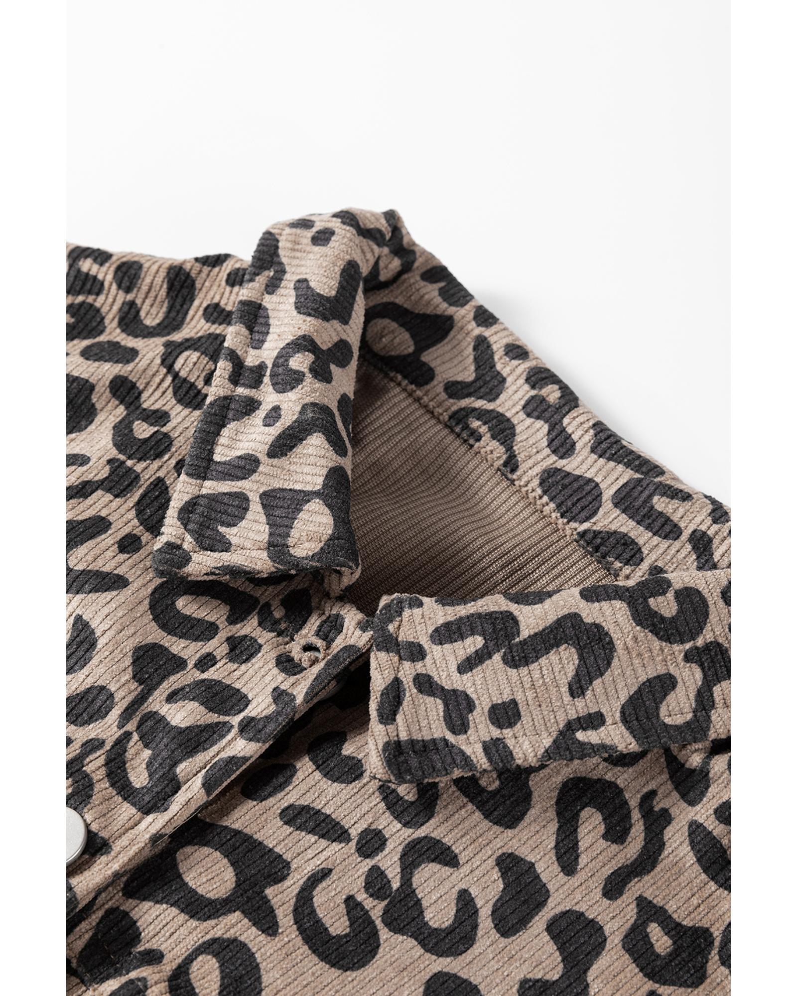 V539-AZEXDC8513343-P1117-L-202508292130-00 Dark Khaki Leopard Print Corduroy Irregular Hem Buttoned Jacket - L - Image 1