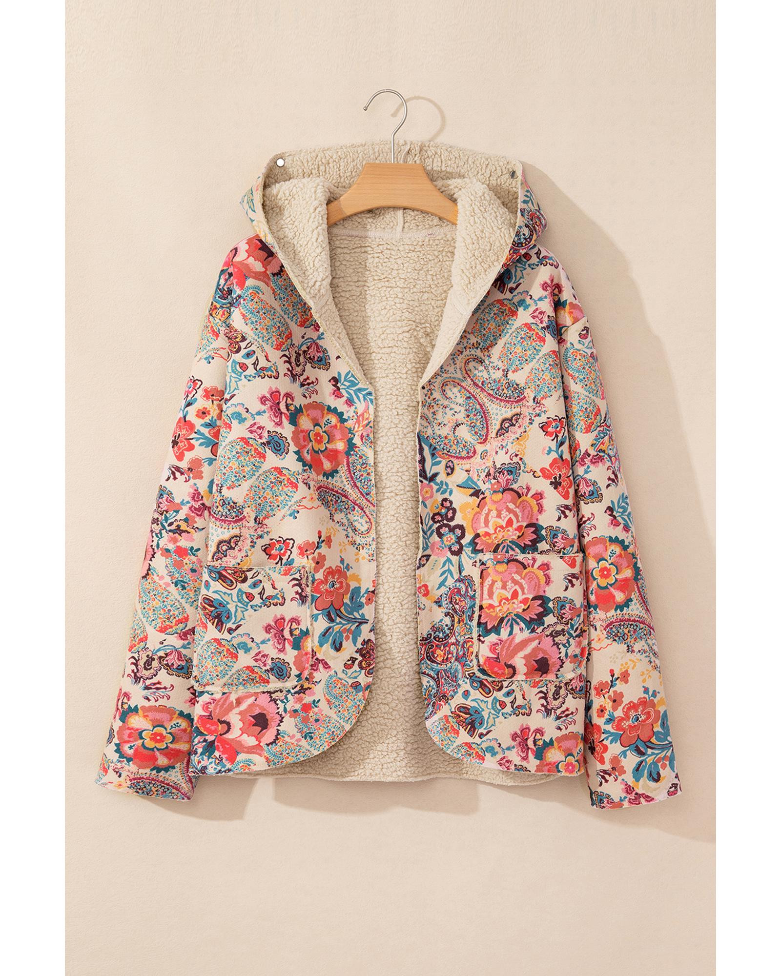 V539-AZEXDC8513372-P1520-S-202506151532-00 Azura Exchange Beige Vintage Paisley Floral Printed Sherpa Lined Hooded Jacket - S - Image 1