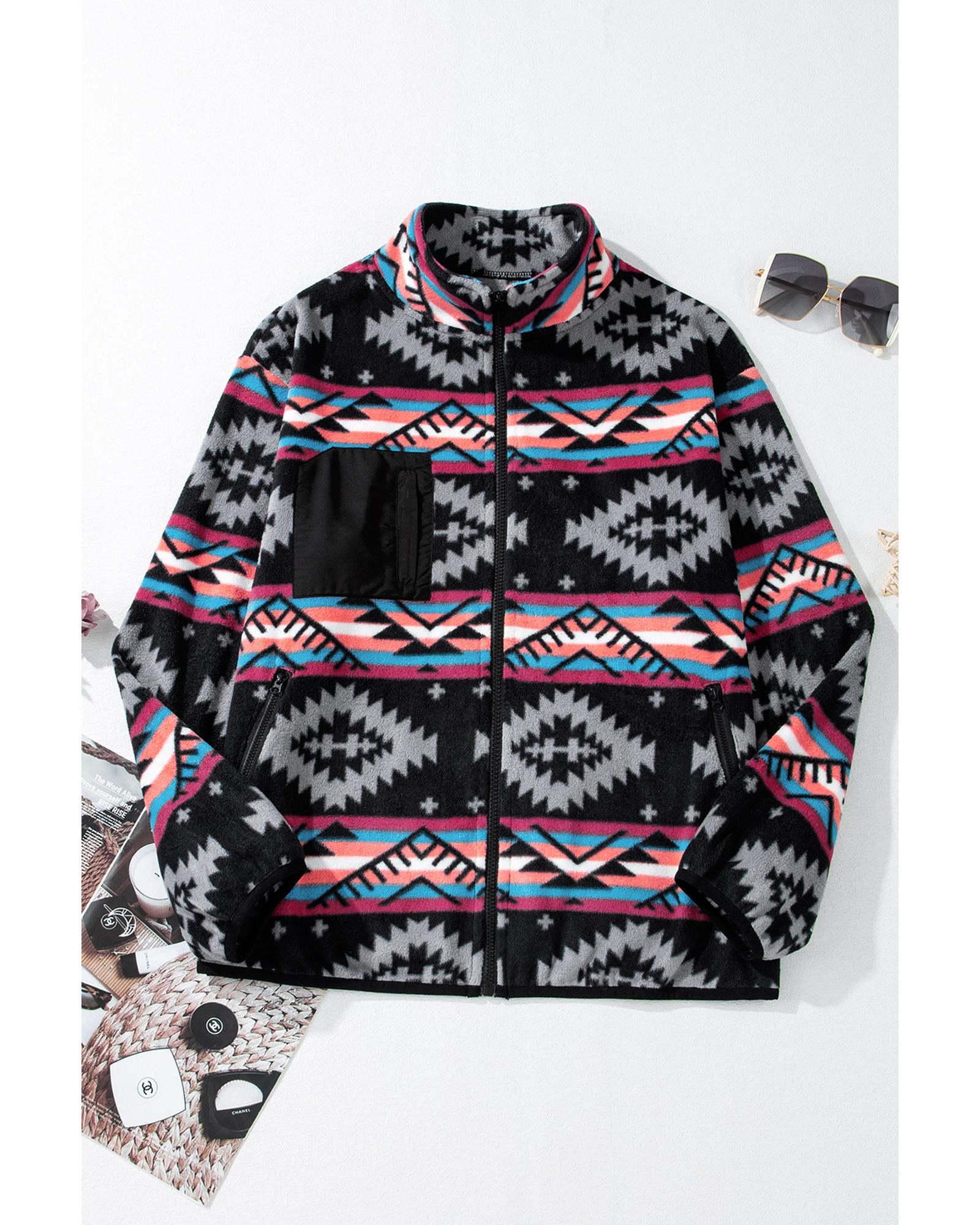 V539-AZEXDC8513420-P222-S-202506151620-00 Black Aztec Printed Zip Up Collar Jacket - S - Image 1