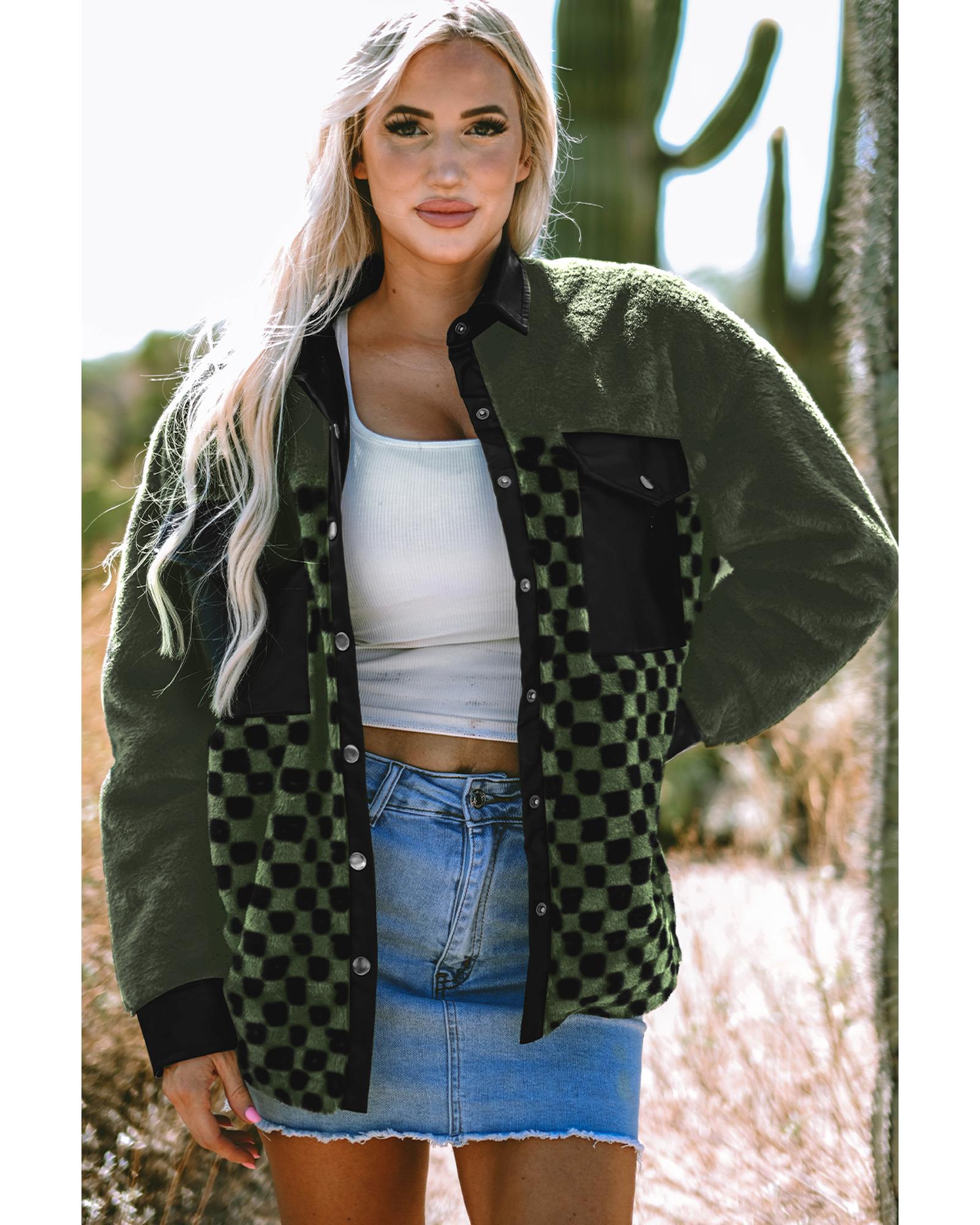 V539-AZEXDC8513426-P2409-XL-202506151620-00 Vineyard Green Fleece Checkerboard Flap Pocket Snap Button Jacket - XL - Image 1