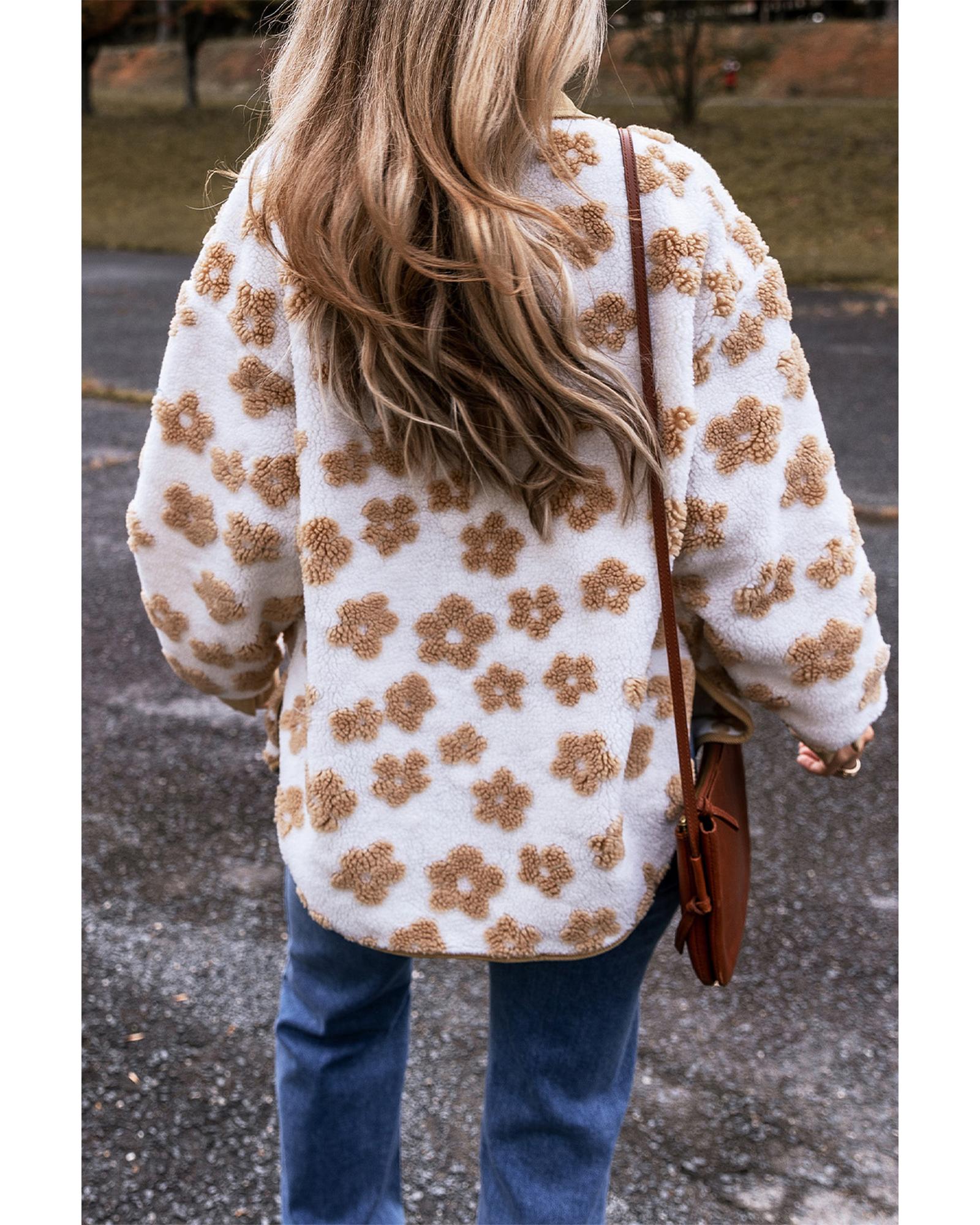 V539-AZEXDC8513462-P4016-M-202508282150-00 Light French Beige Cute Flower Pattern Button Up Fleece Jacket - M - Image 1