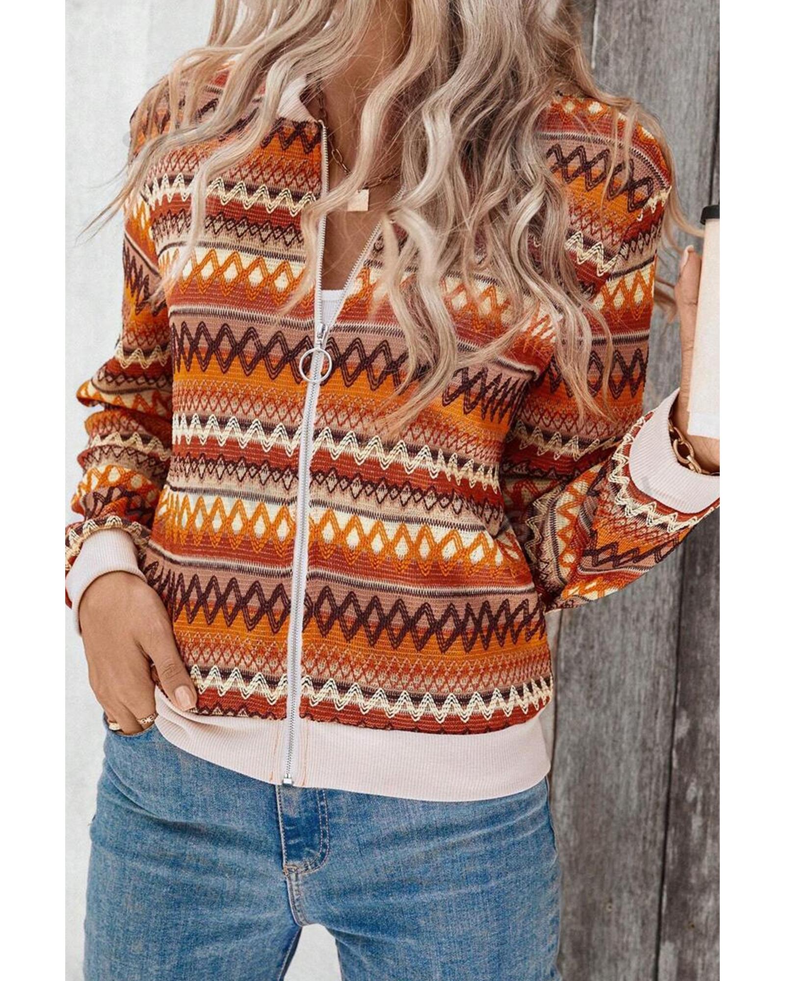 V539-AZEXDC8513500-P1422-L-202508300925-00 Orange Boho Striped Zip Up Long Sleeve Jacket - L - Image 1