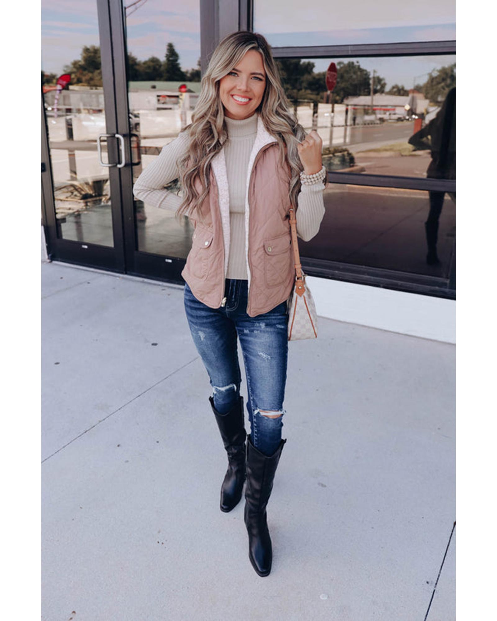 V539-AZEXDC853272-P7016-XL-202508301945-00 Pink Fleece Lined Quilted Vest Coats - XL - Image 1