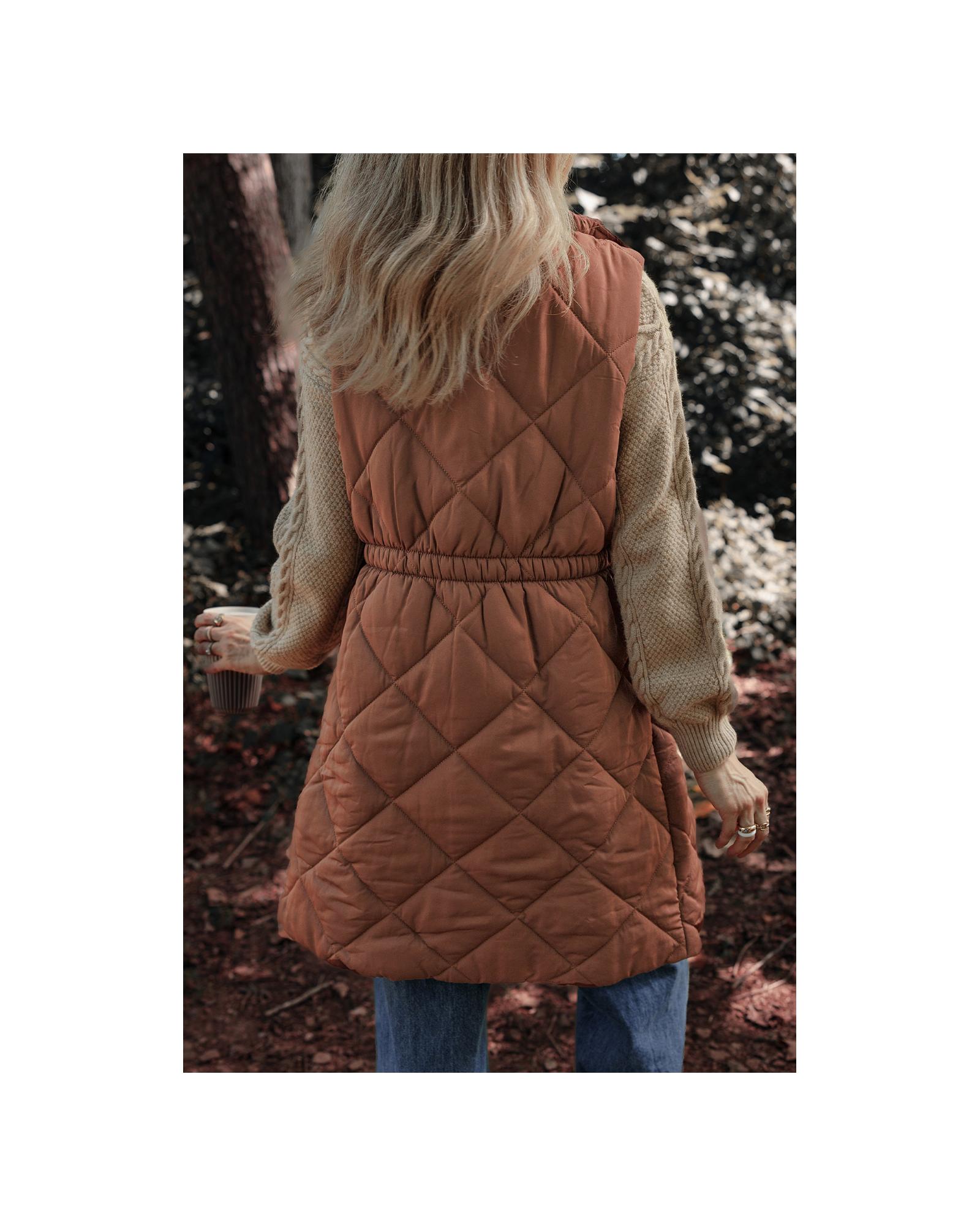 V539-AZEXDC853346-P1017-XL-202508302025-00 Coffee Longline Quilted Stand Collar Puffer Vest - XL - Image 1