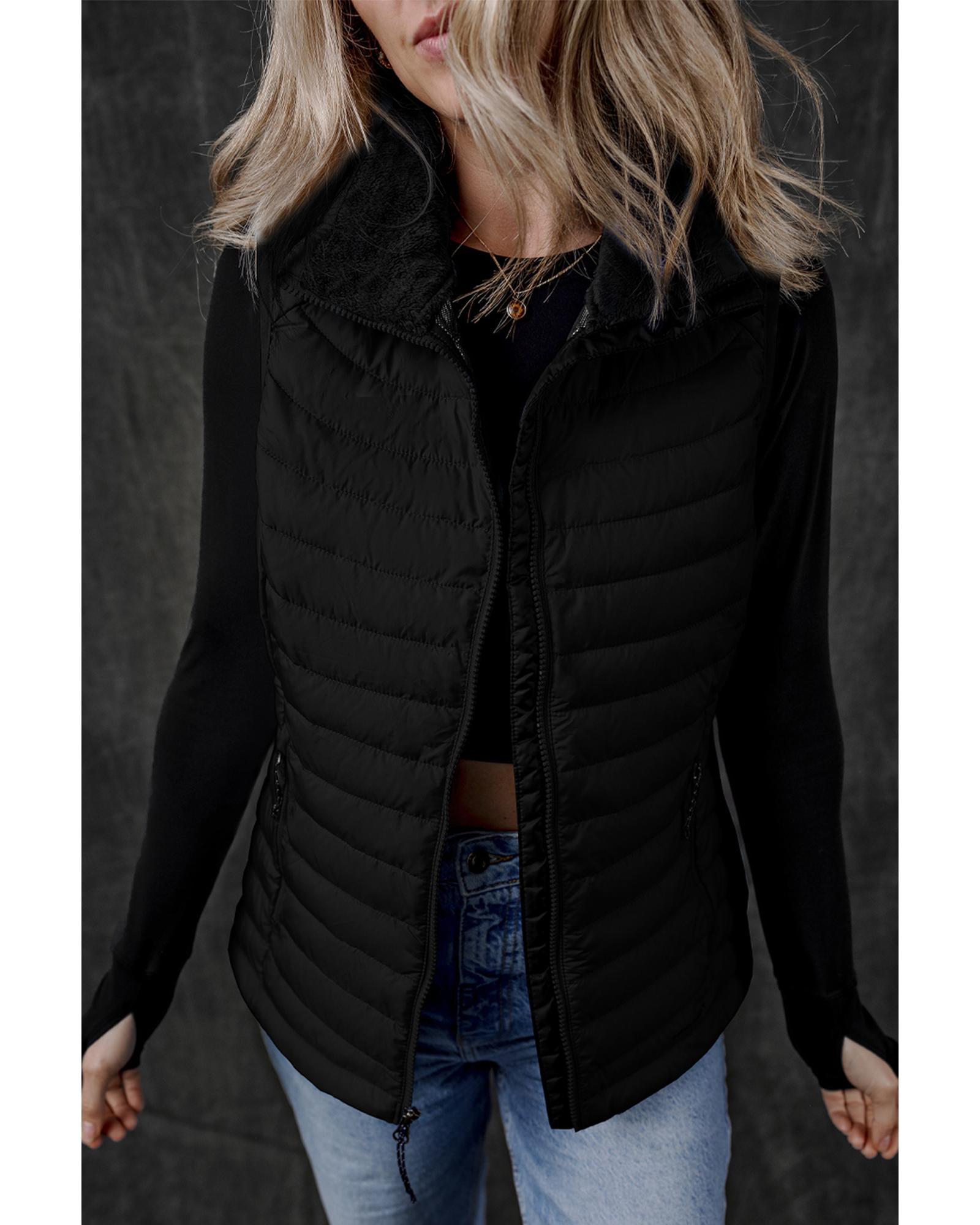 V539-AZEXDC853364-P2-2XL-202508301830-00 Black Plush Collared Quilted Zipped Puffer Vest - 2XL - Image 1