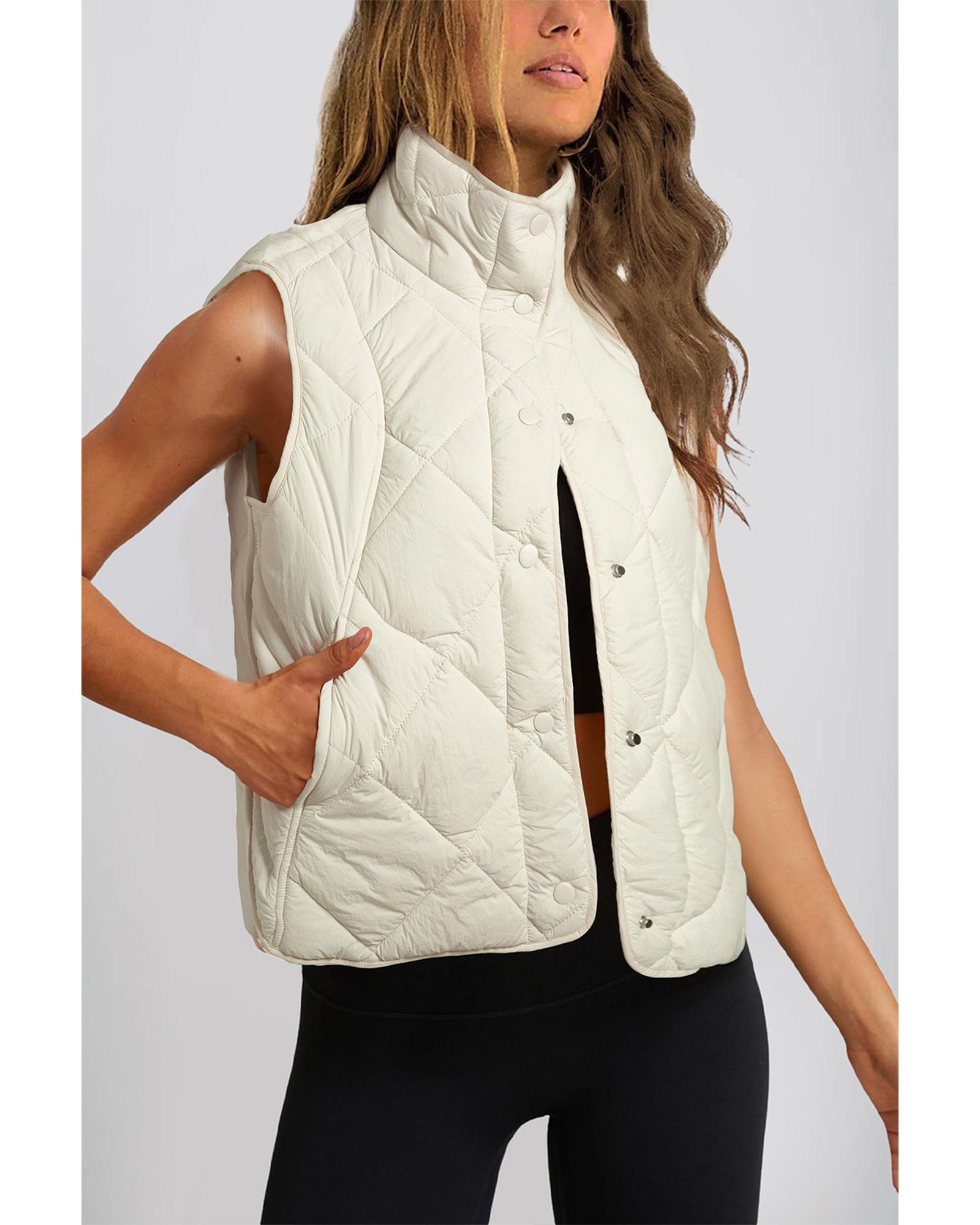 V539-AZEXDC853373-P15-XL-202508301810-00 Beige Quilted High Neck Button Up Pocket Vest Coat - XL - Image 1