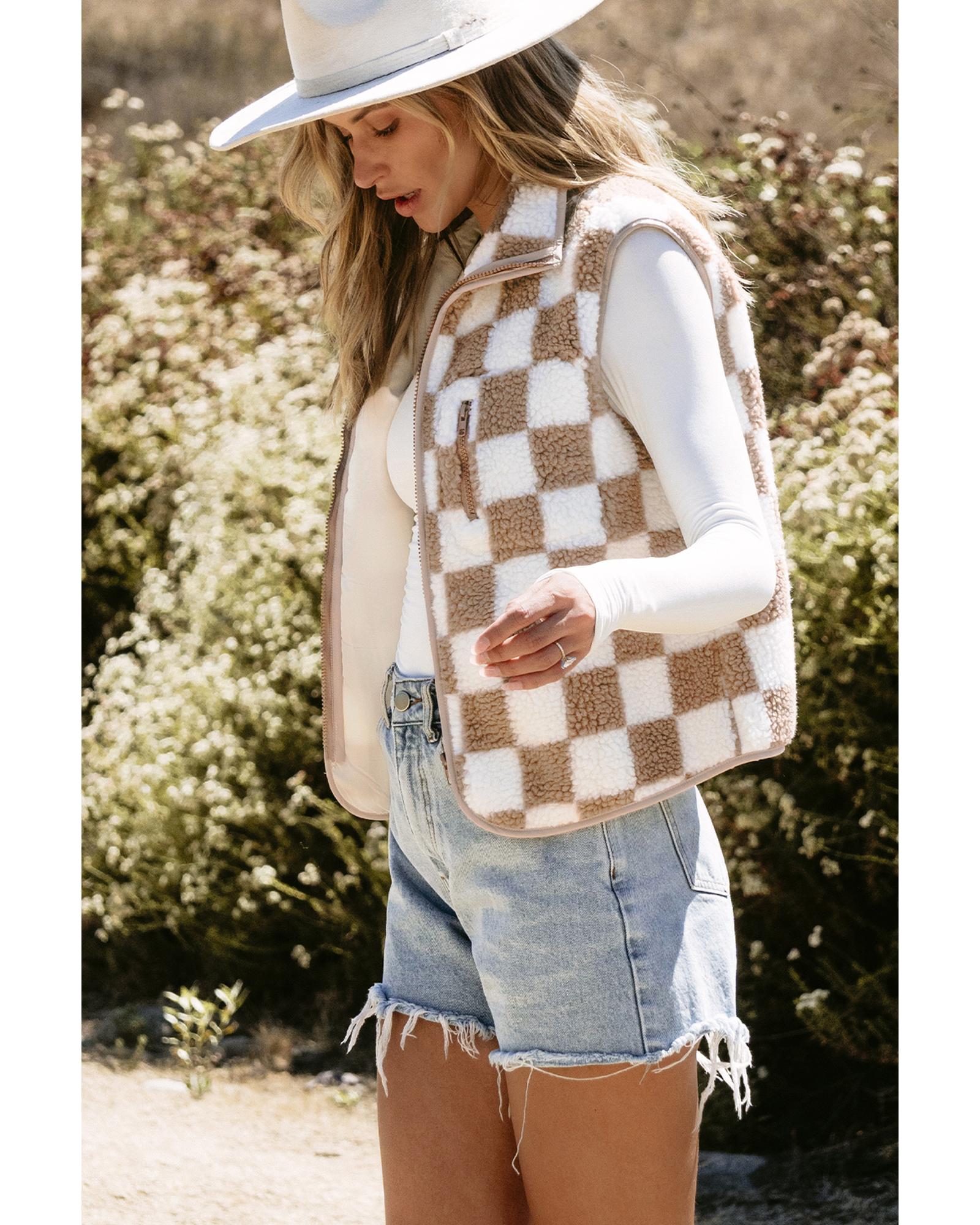 V539-AZEXDC853376-P1622-L-202508310040-00 Khaki Checkered Sherpa Collared Jacket Vest - L - Image 1