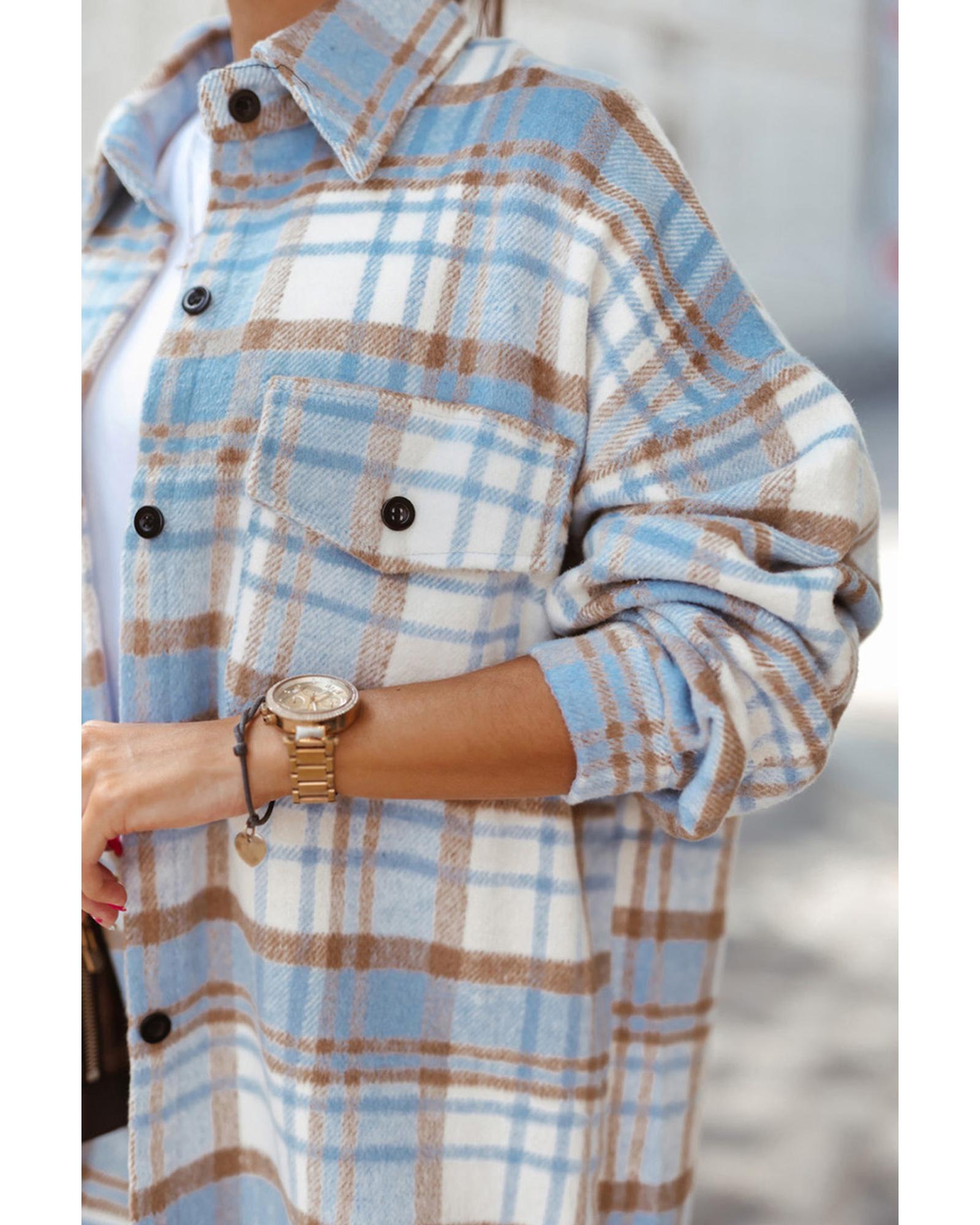 V539-AZEXDC854330-4-S-202506151921-00 Sky Blue Plaid Flap Pocket Long Sleeve Shacket - S - Image 1