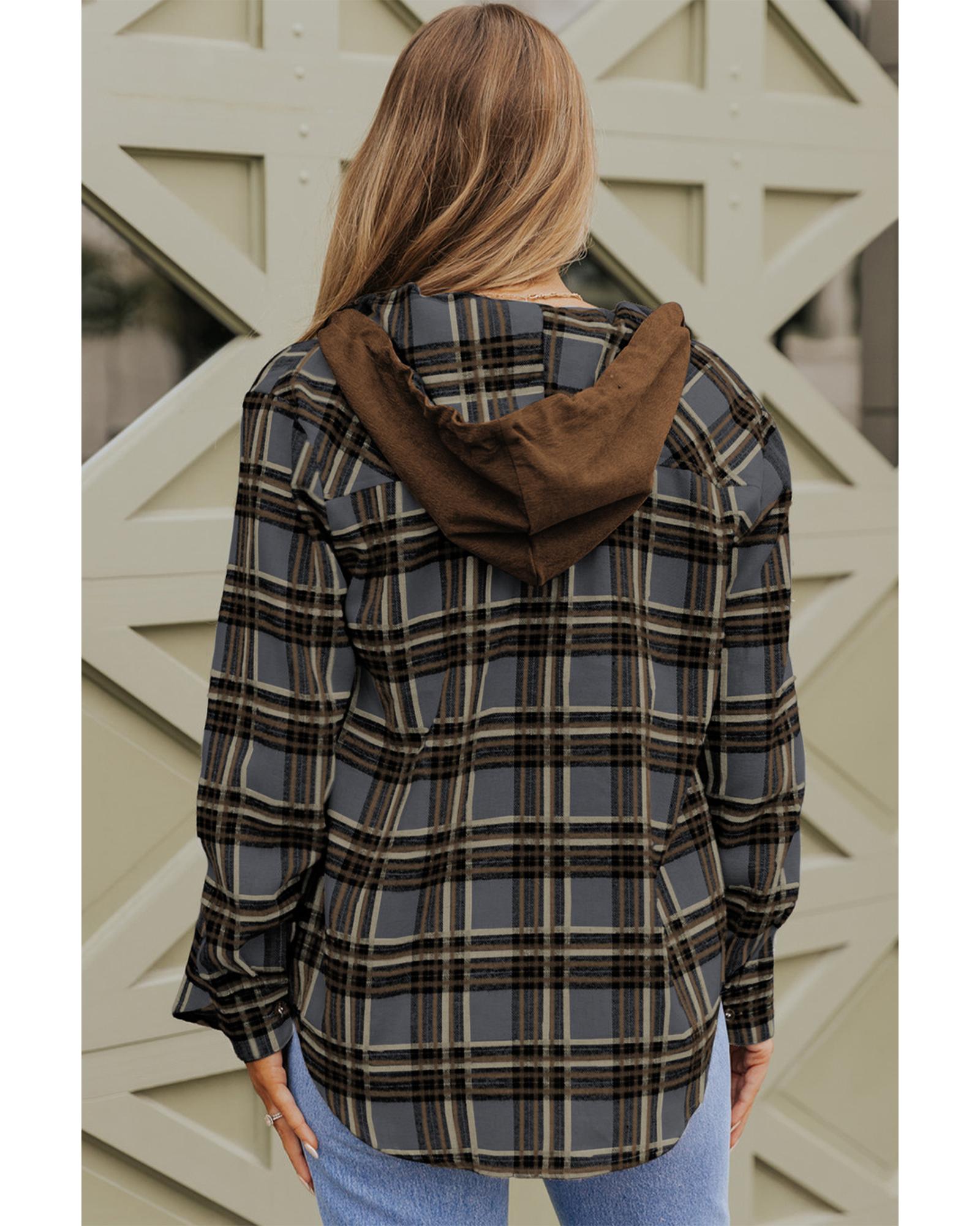 V539-AZEXDC854437-P11-M-202508281235-00 Contrast Hooded Drawstring Plaid Shacket - M - Image 1