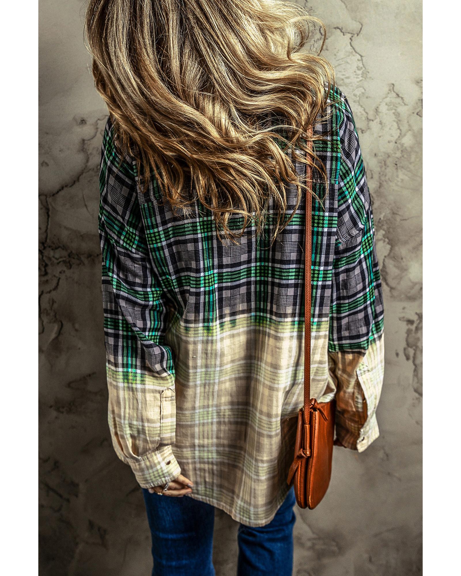 V539-AZEXDC854561-P309-M-202508301945-00 Blackish Green Contrast Plaid Patchwork Chest Pocket Button up Shacket - M - Image 1