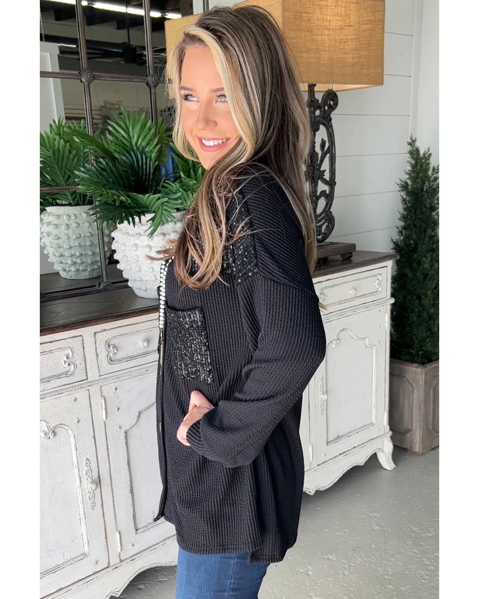 V539-AZEXDC854652-P2-S-202508301740-00 Black Sequin Patch Chest Pocket Corded Shacket - S - Image 1