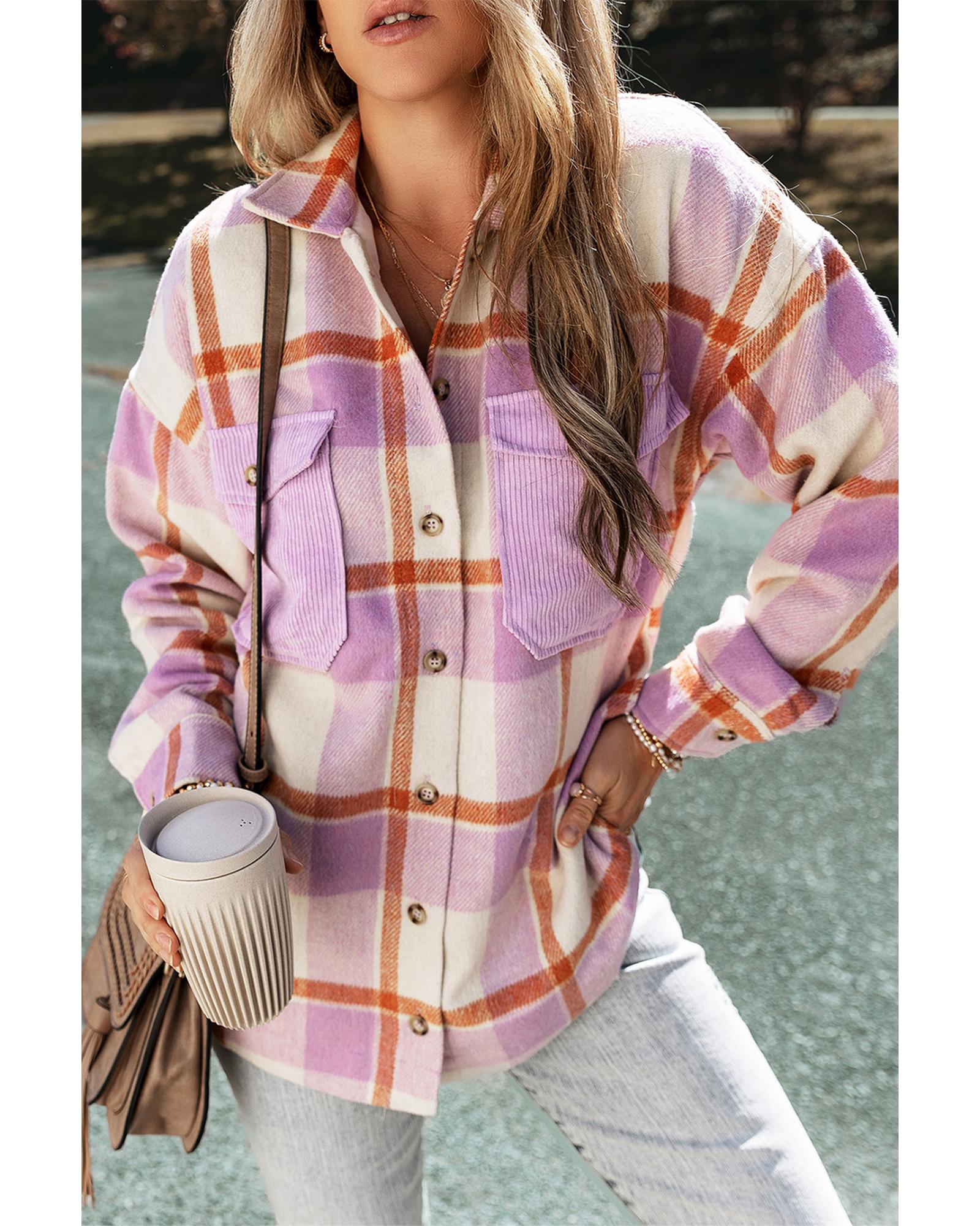 V539-AZEXDC854656-P822-L-202506152020-00 Purple Corduroy Pockets Brushed Checkered Shacket - L - Image 1