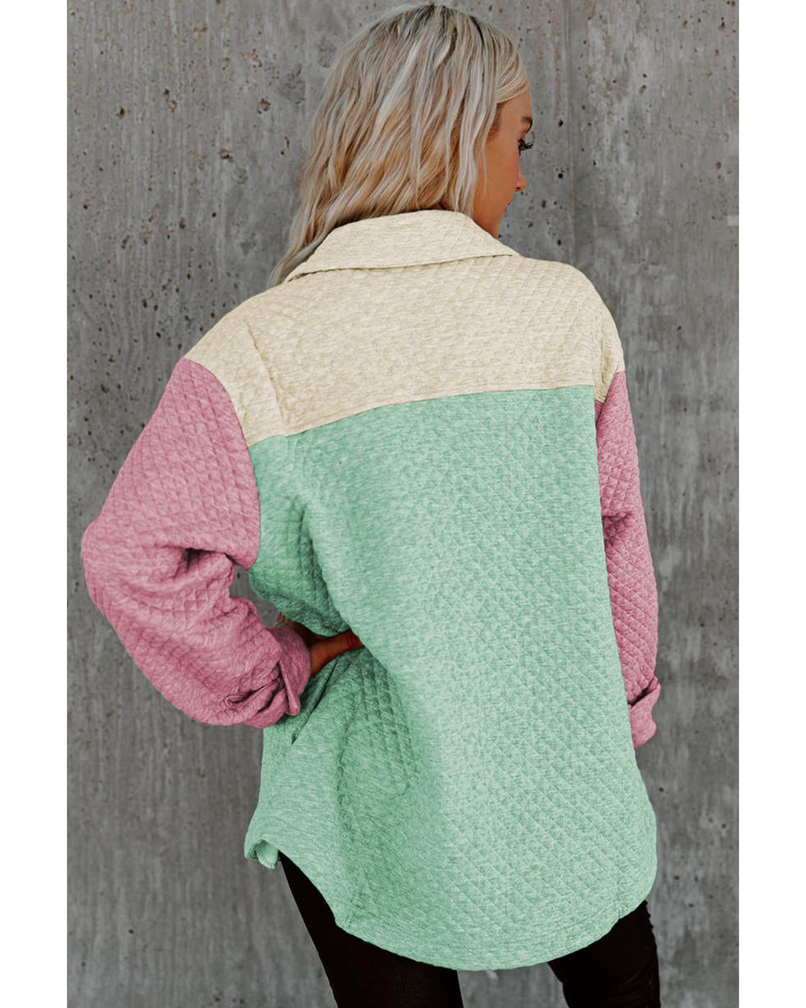 V539-AZEXDC854667-P922-M-202506152022-00 Green Color Block Patchwork Flap Pocket Quilted Shacket - M - Image 1