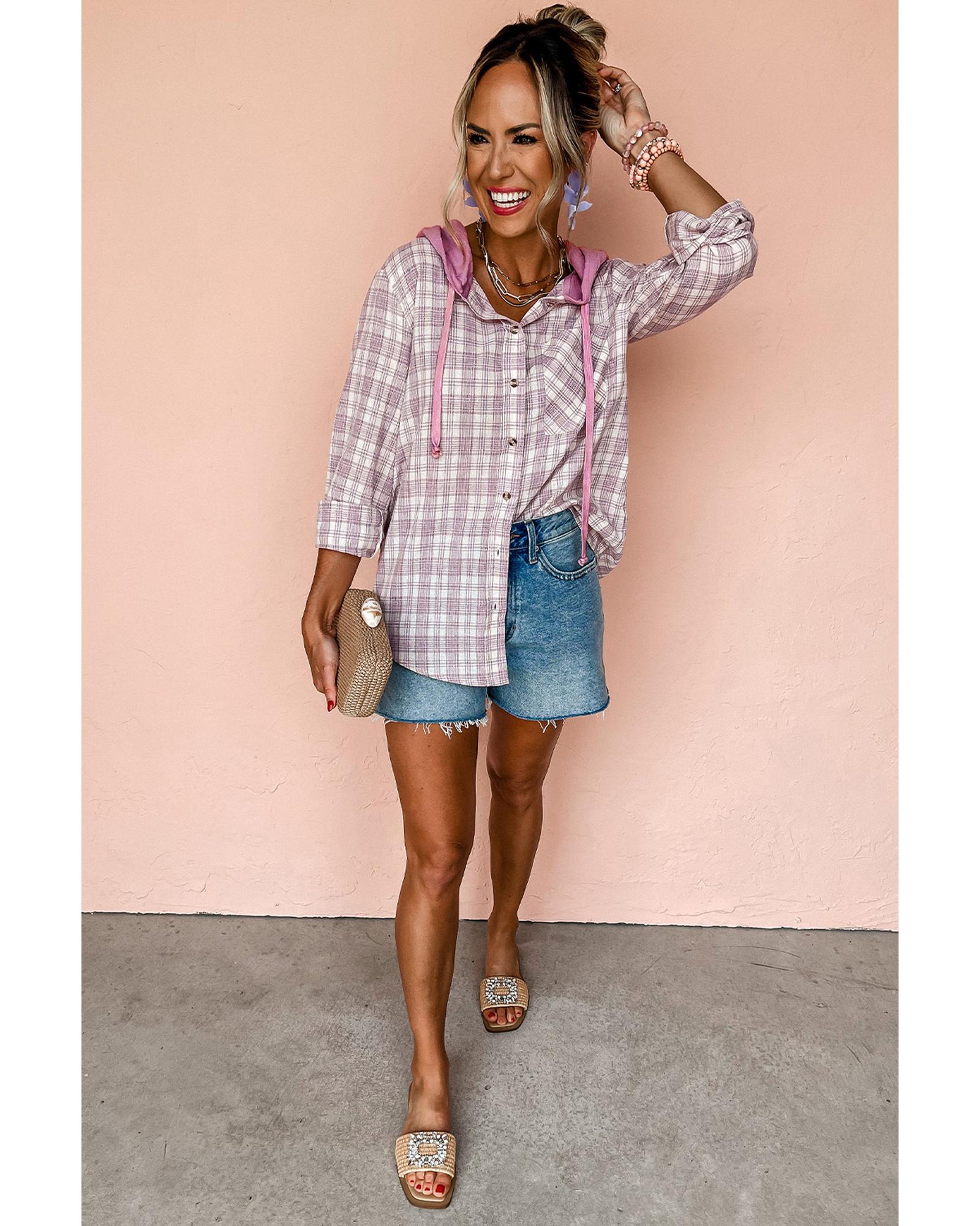 V539-AZEXDC854721-P1020-L-202508310145-00 Pink Checkered Print Loose Fit Buttoned Hooded Shacket - L - Image 1