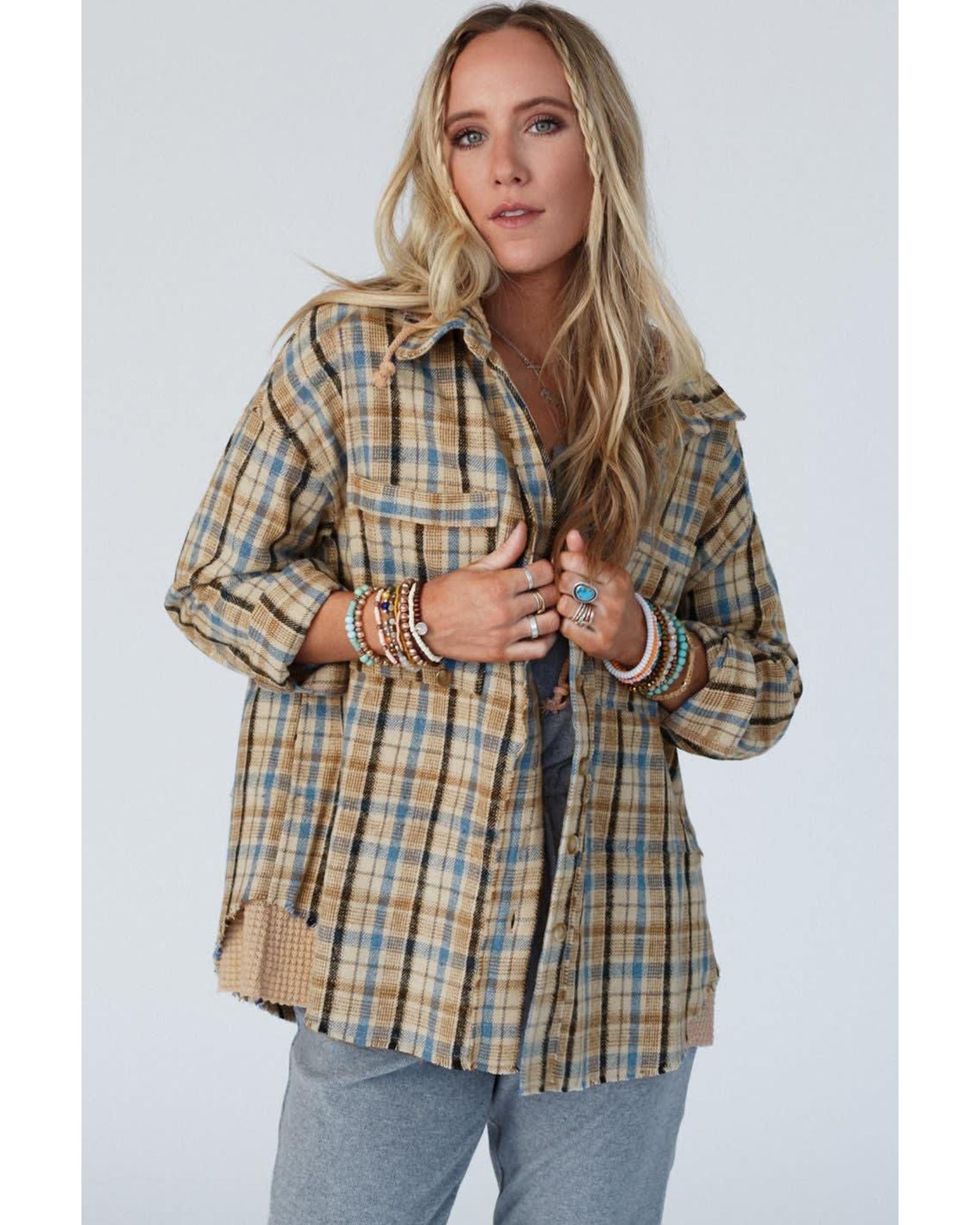 V539-AZEXDC854725-P604-L-202508301310-00 Ashleigh Blue Waffle Knit Patchwork Hooded Plaid Shacket - L - Image 1