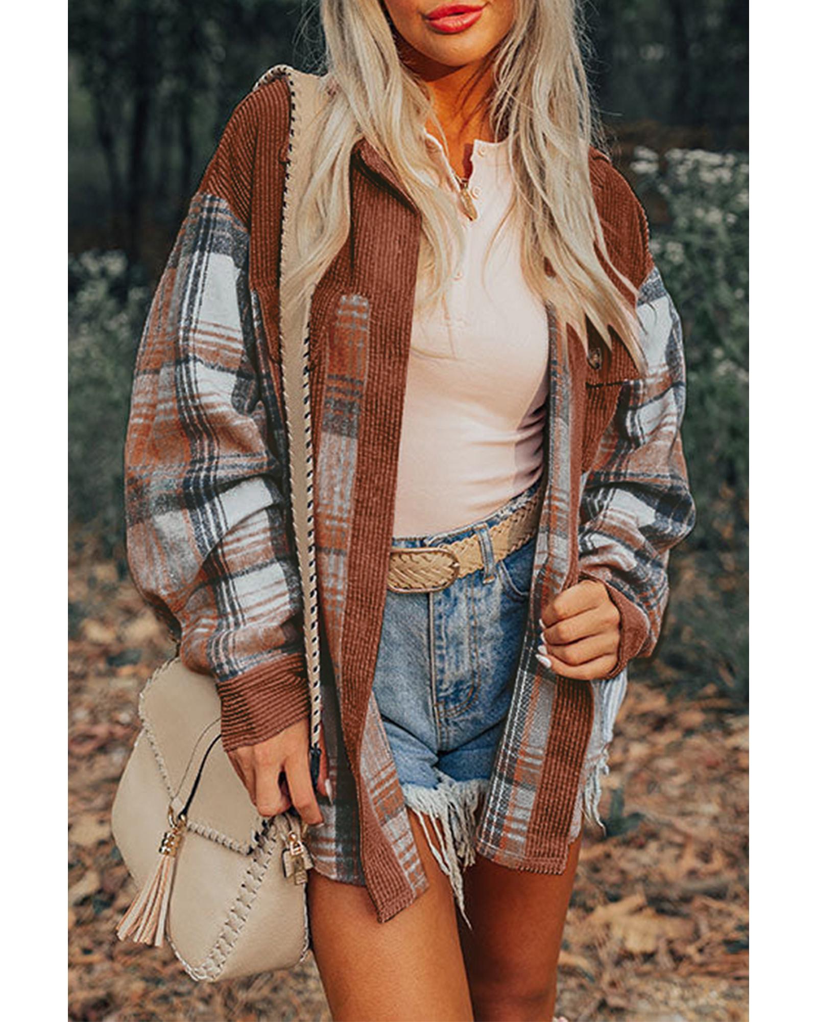 V539-AZEXDC854727-P1317-L-202508311435-00 Cinnamon Plaid Corduroy Patchwork Chest Pocket Shacket - L - Image 1