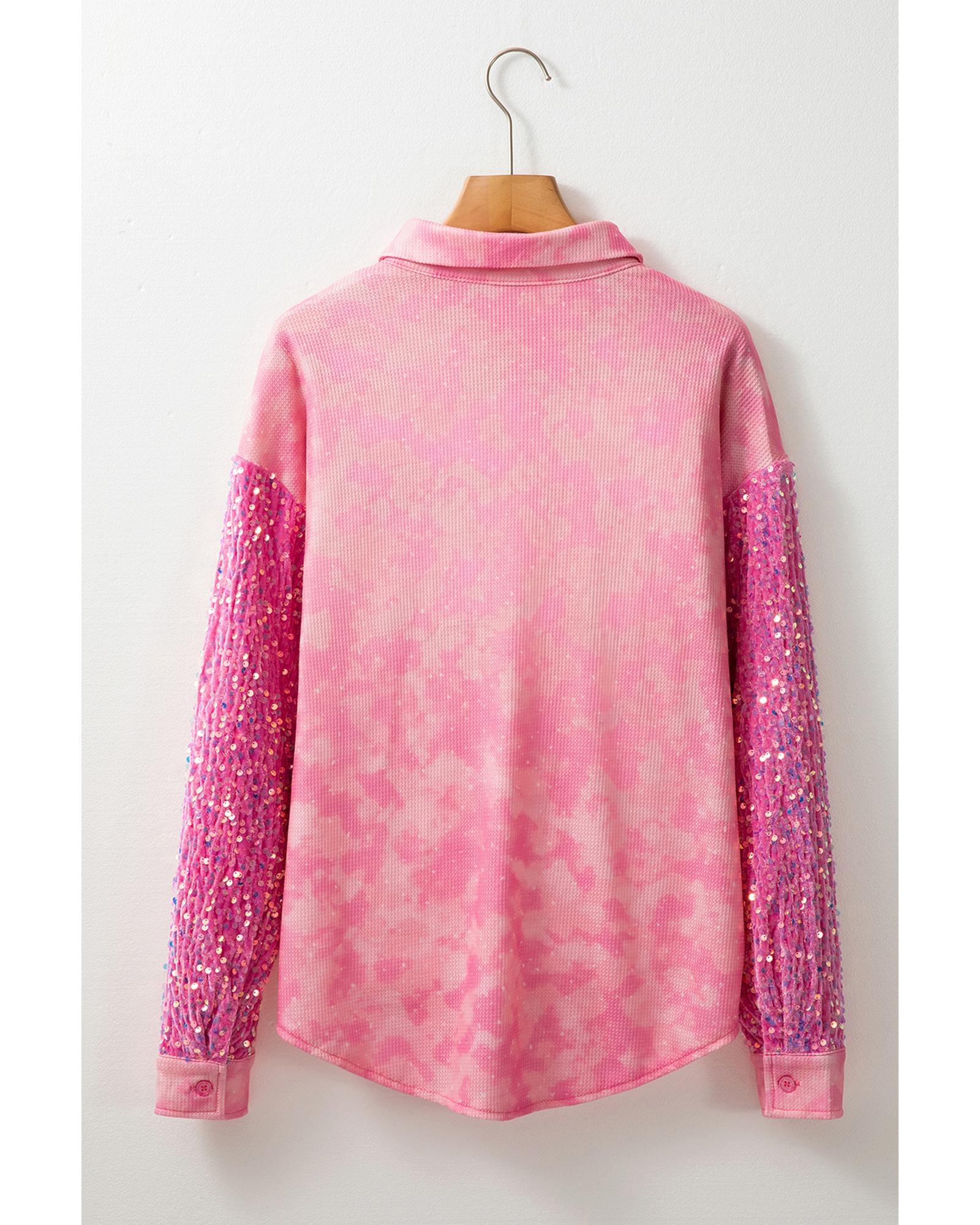 V539-AZEXDC854728-P2010-S-202506181635-00 Apricot Pink Mineral Wash Sequin Patchwork Flap Pocket Shacket - S - Image 1