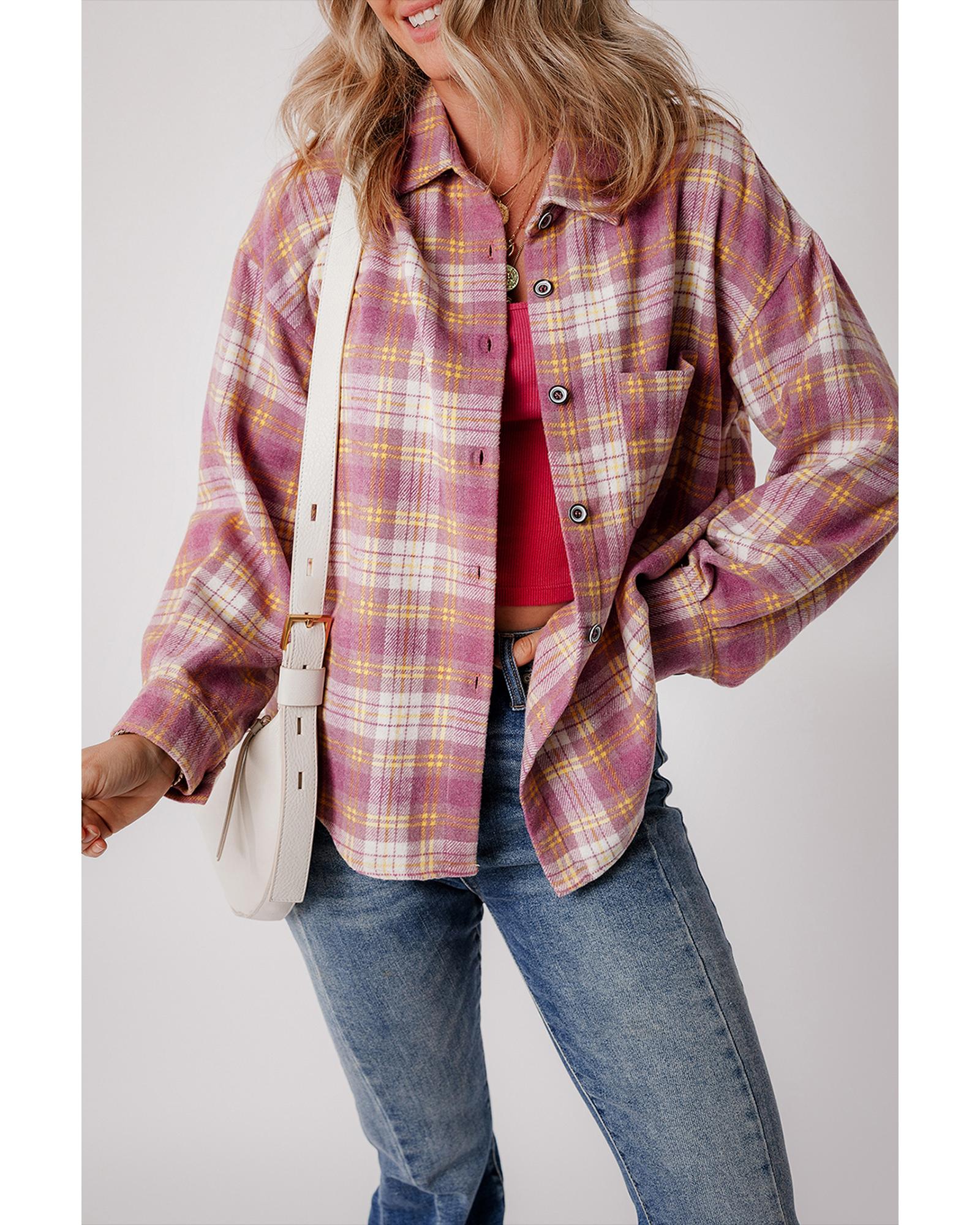 V539-AZEXDC854736-P1022-L-202508310415-00 Pink Plaid Print Chest Pocket Long Sleeve Shacket - L - Image 1