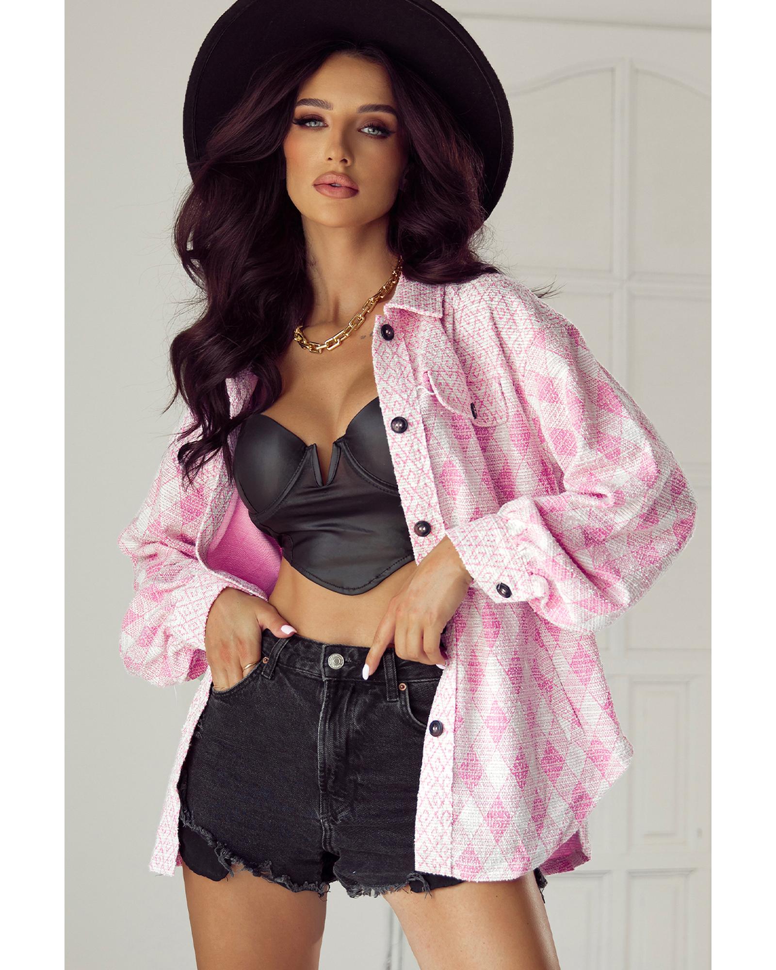 V539-AZEXDC854738-P1210-S-202506181645-00 Delicacy Geometric Print Textured Flap Detail Shacket with Pocket - S - Image 1