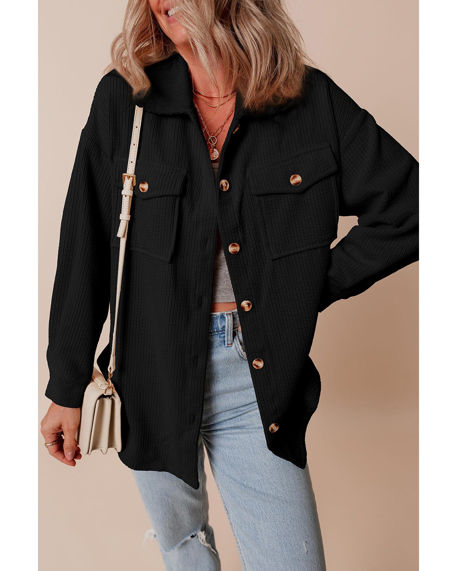 V539-AZEXDC854741-P2-XL-202508311330-00 Black Corduroy Flap Pocket Button Up Shacket - XL - Image 1