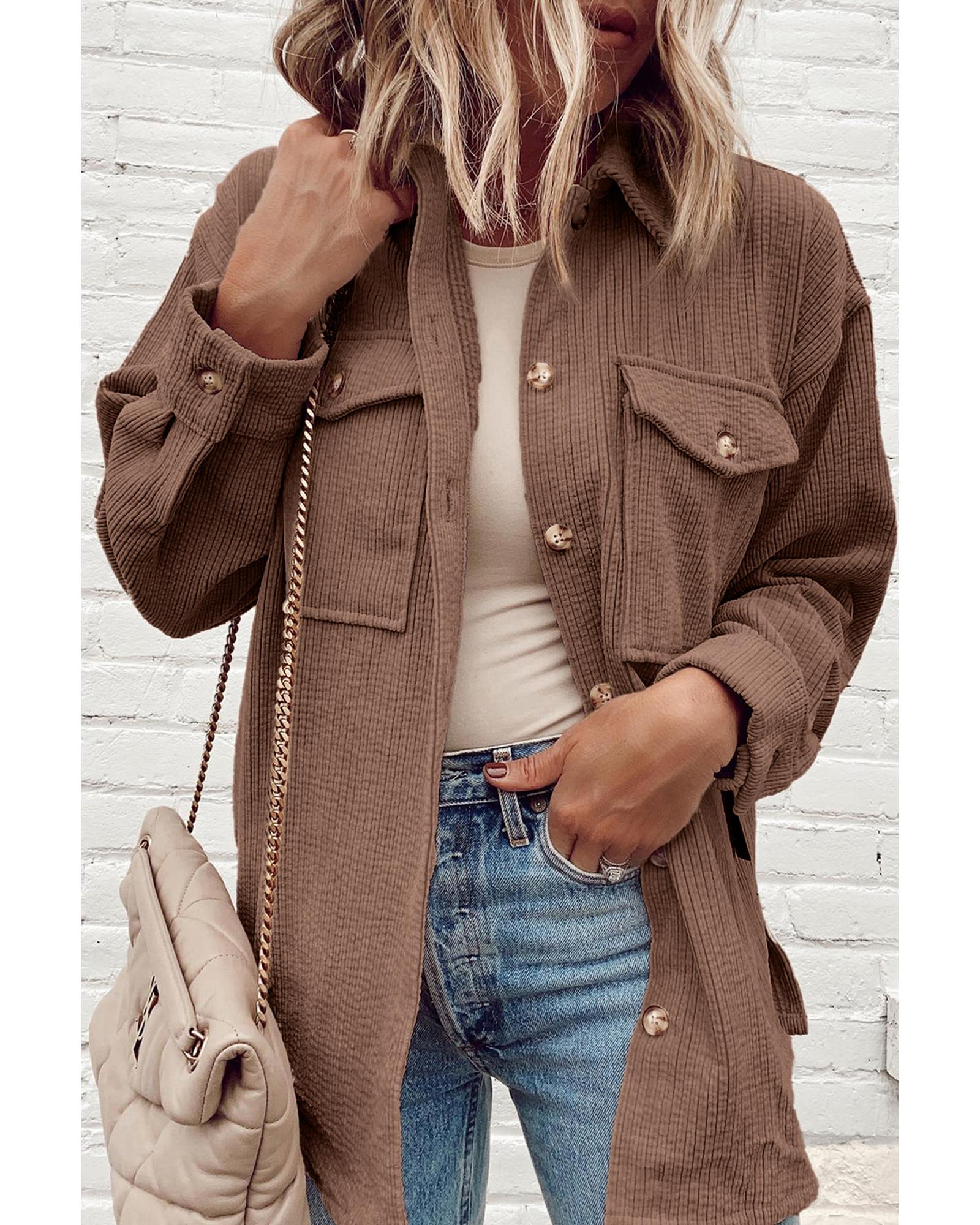 V539-AZEXDC854741-P2017-XL-202508311130-00 Chestnut Corduroy Flap Pocket Button Up Shacket - XL - Image 1