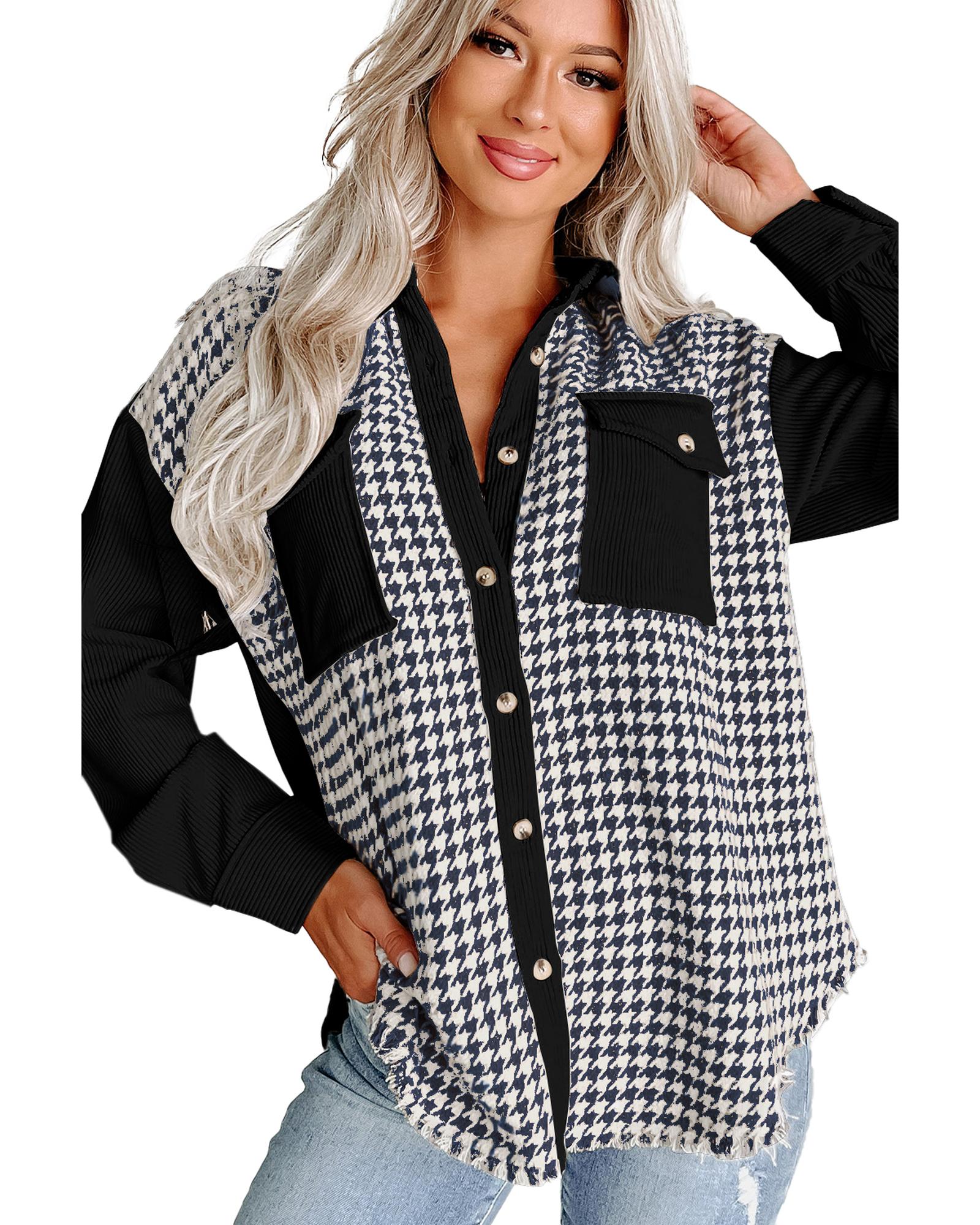 V539-AZEXDC854742-P2-S-202506181712-00 Black Houndstooth Corduroy Patchwork Flap Pocket Shacket - S - Image 1