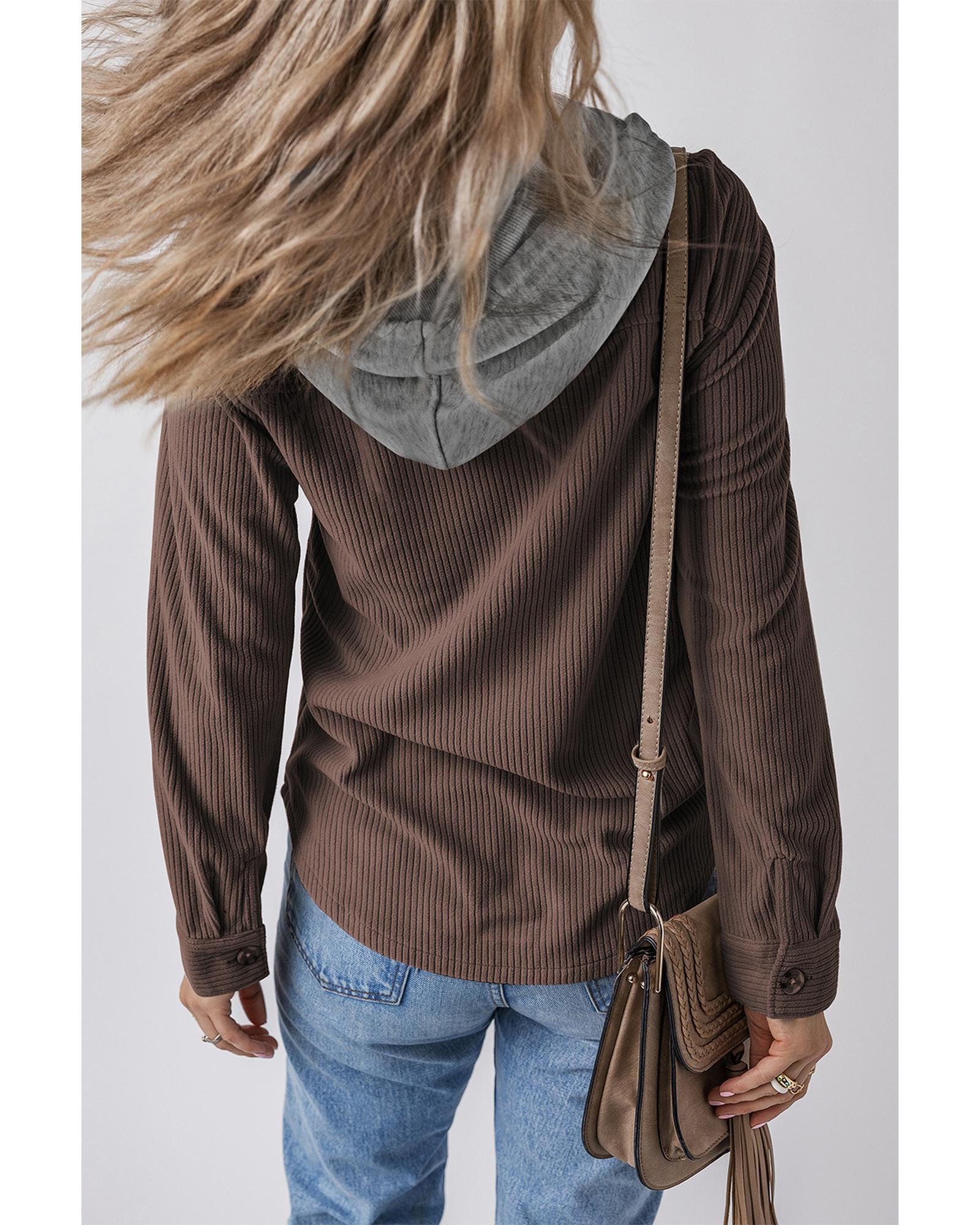 V539-AZEXDC854755-P1017-L-202508311025-00 Coffee Hooded Drawstring Pockets Corduroy Shacket - L - Image 1