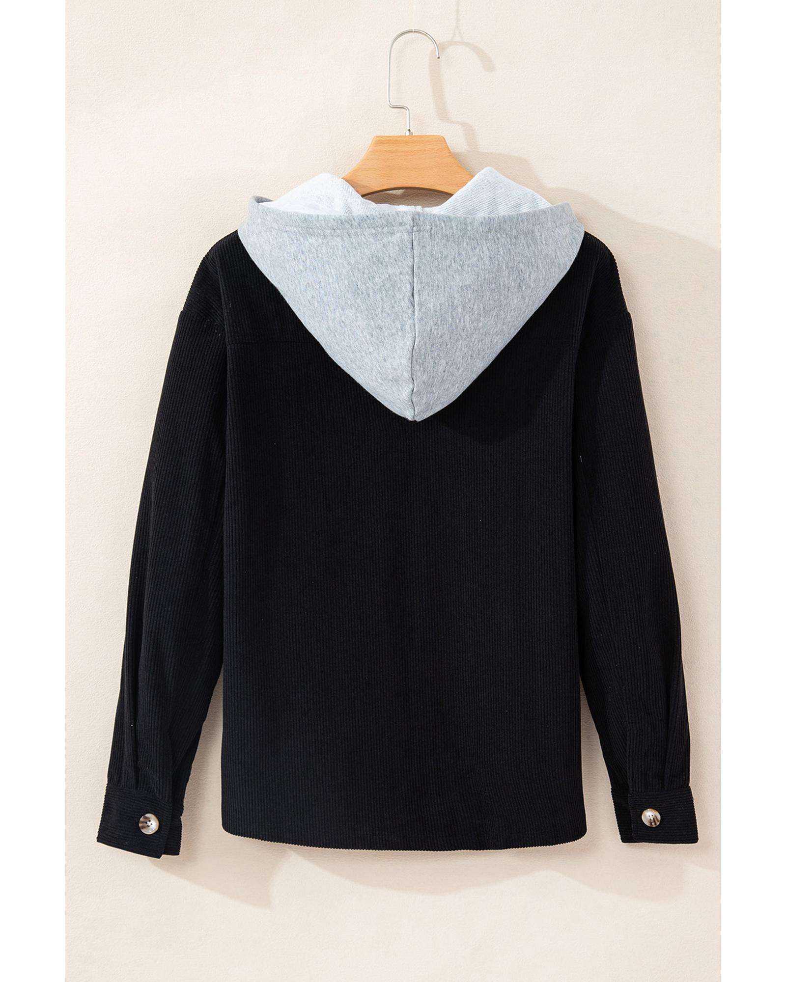 V539-AZEXDC854755-P202-S-202506181727-00 Black Hooded Drawstring Pockets Corduroy Shacket - S - Image 1