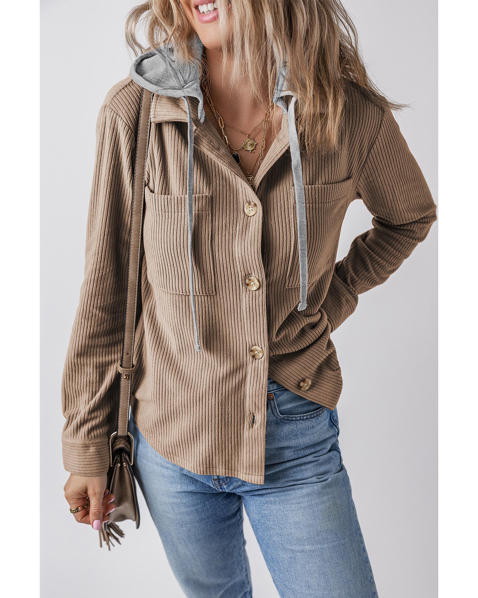 V539-AZEXDC854755-P5016-M-202508311330-00 Pale Khaki Hooded Drawstring Pockets Corduroy Shacket - M - Image 1