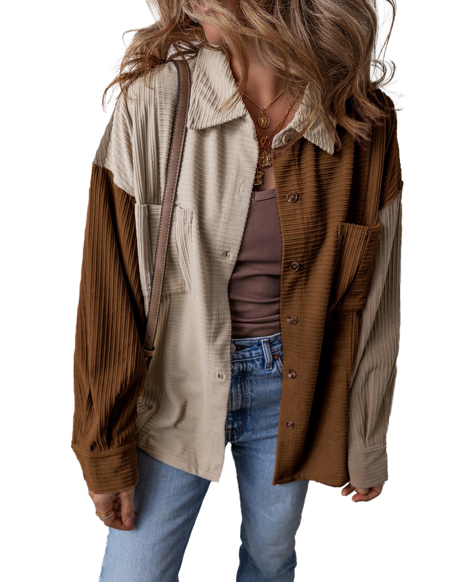 V539-AZEXDC854767-P1722-M-202508310405-00 Brown Color Block Chest Pockets Buttoned Corduroy Shacket - M - Image 1
