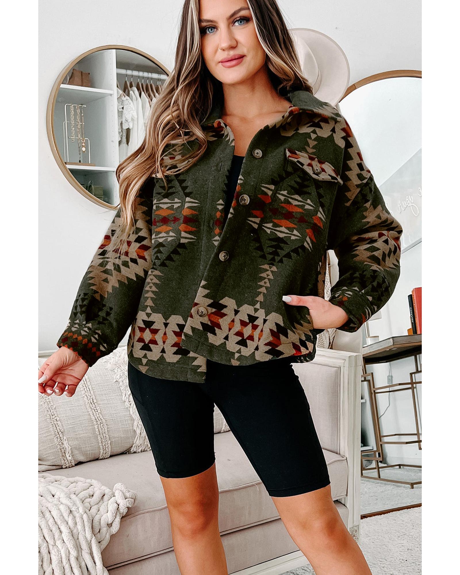 V539-AZEXDC854778-P920-XL-202506182035-00 Green Aztec Print Flap Pockets Long Sleeve Shacket - XL - Image 1