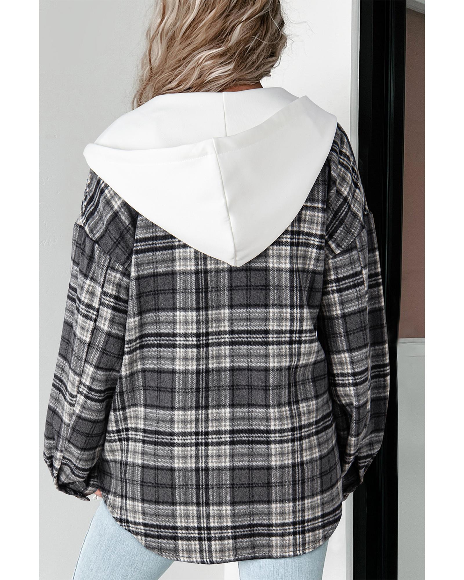 V539-AZEXDC854794-P222-L-202508310745-00 Black Plaid Print Flap Pockets Contrast Hooded Loose Shacket - L - Image 1