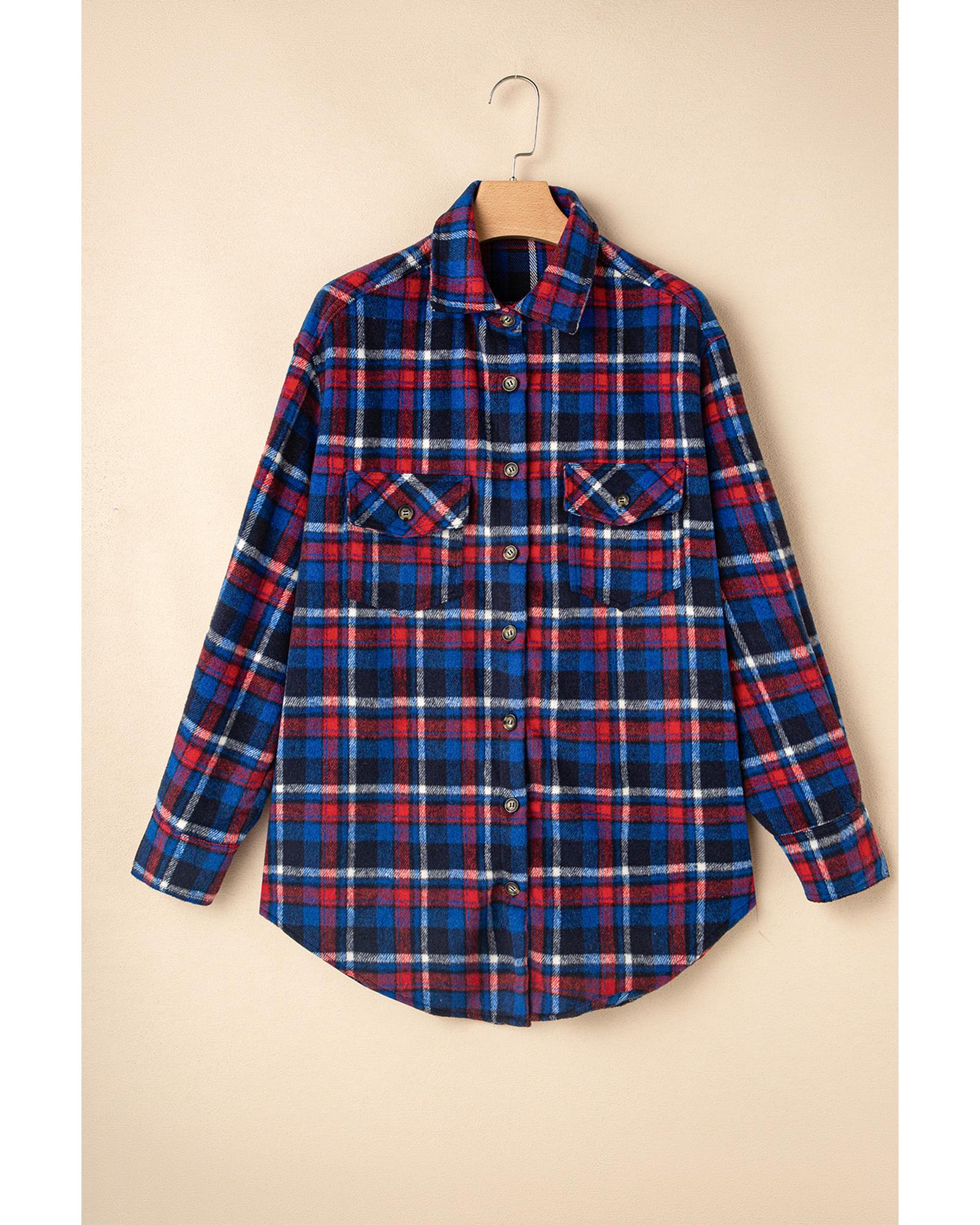 V539-AZEXDC854817-P605-XL-202508311025-00 Navy Blue Plaid Flap Pocket Button Up Shacket - XL - Image 1